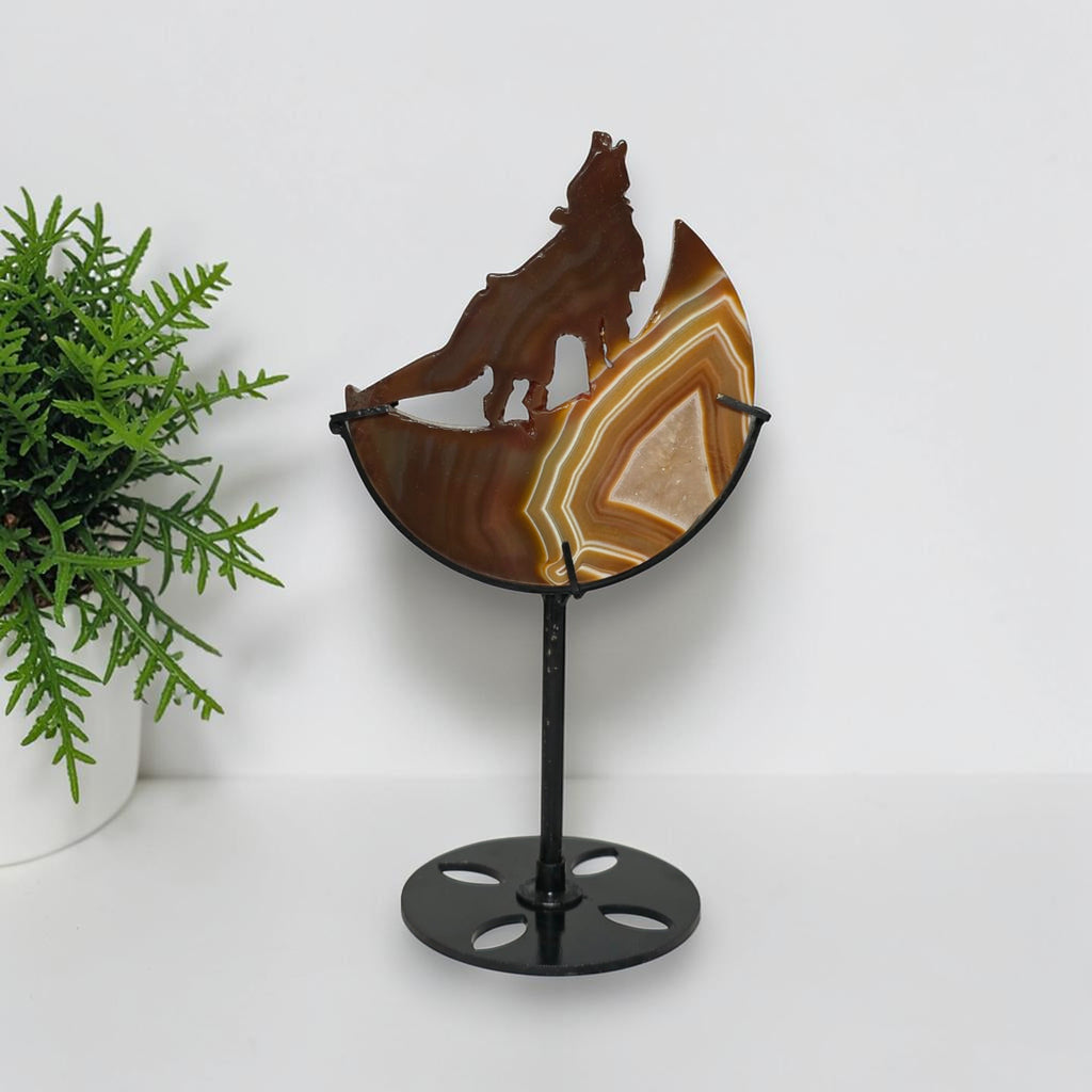 Carnelian Agate Wolf Moon Carving with Stand
