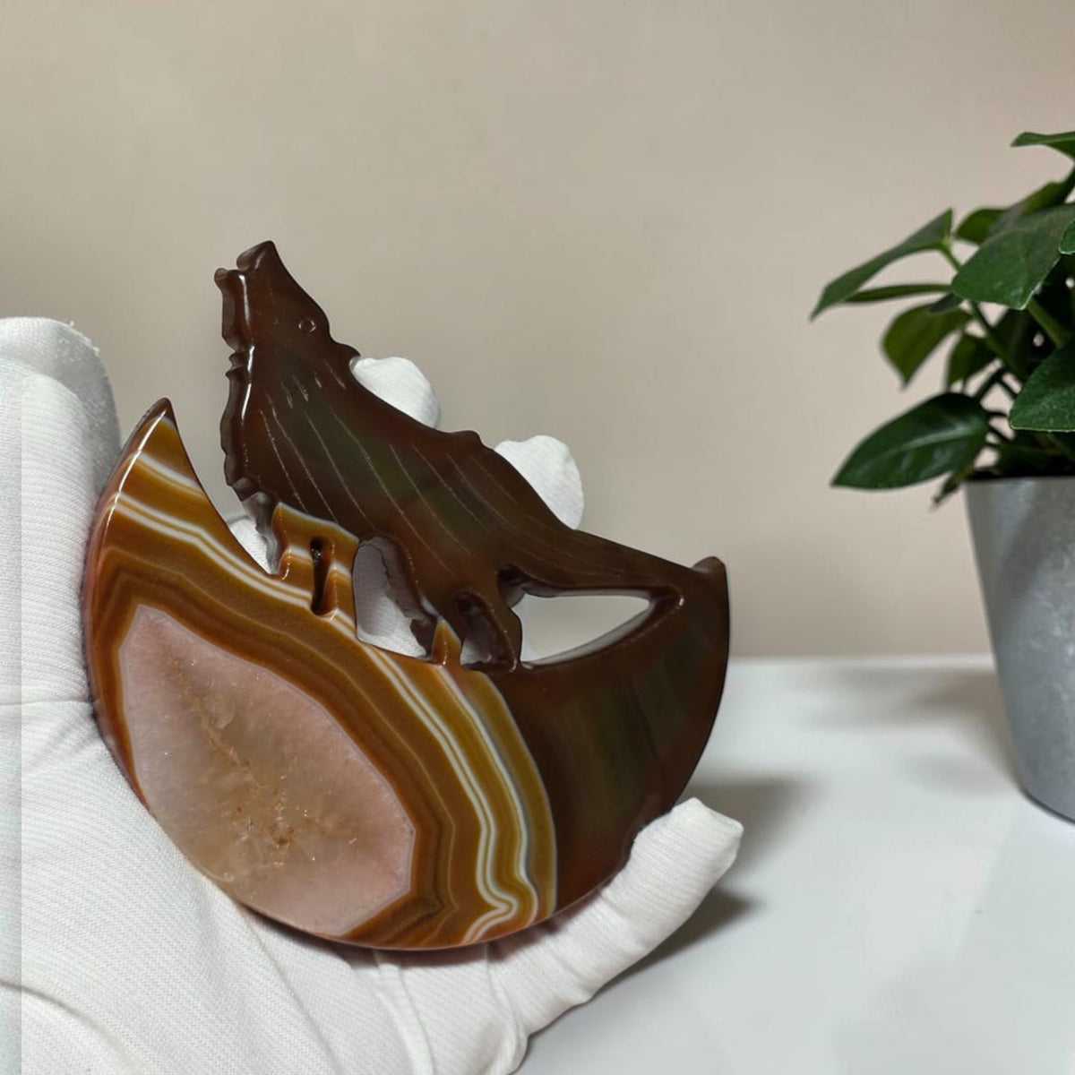 Carnelian Agate Wolf Moon Carving with Stand