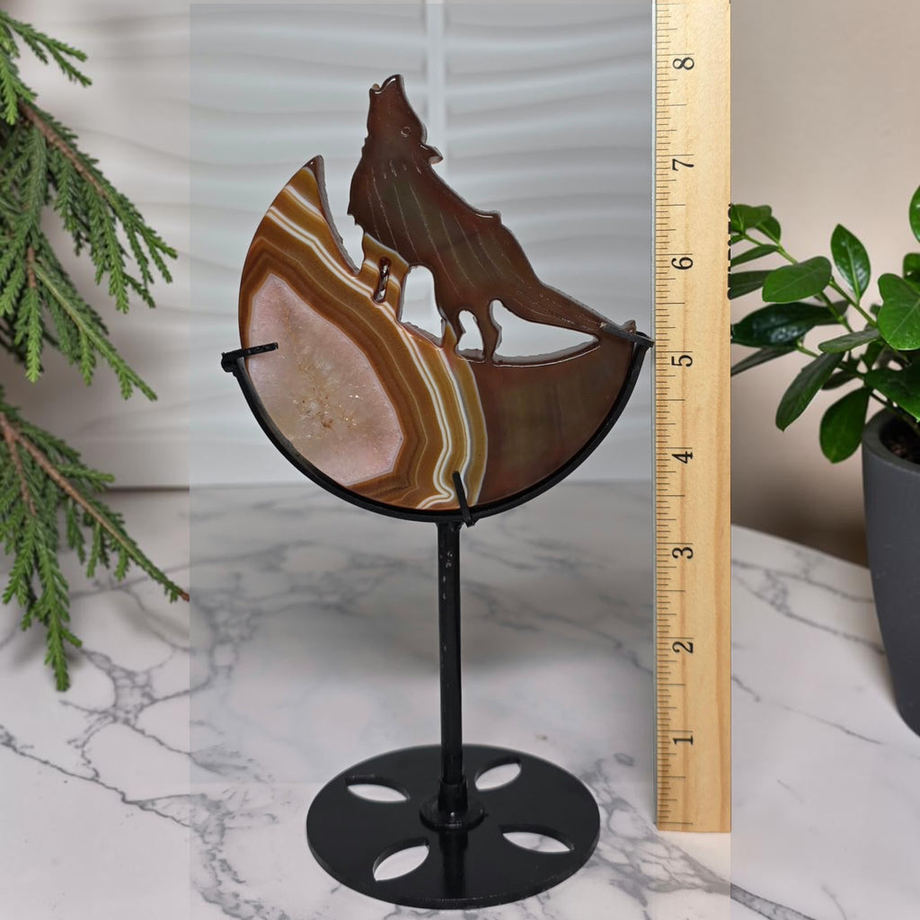 Carnelian Agate Wolf Moon Carving with Stand