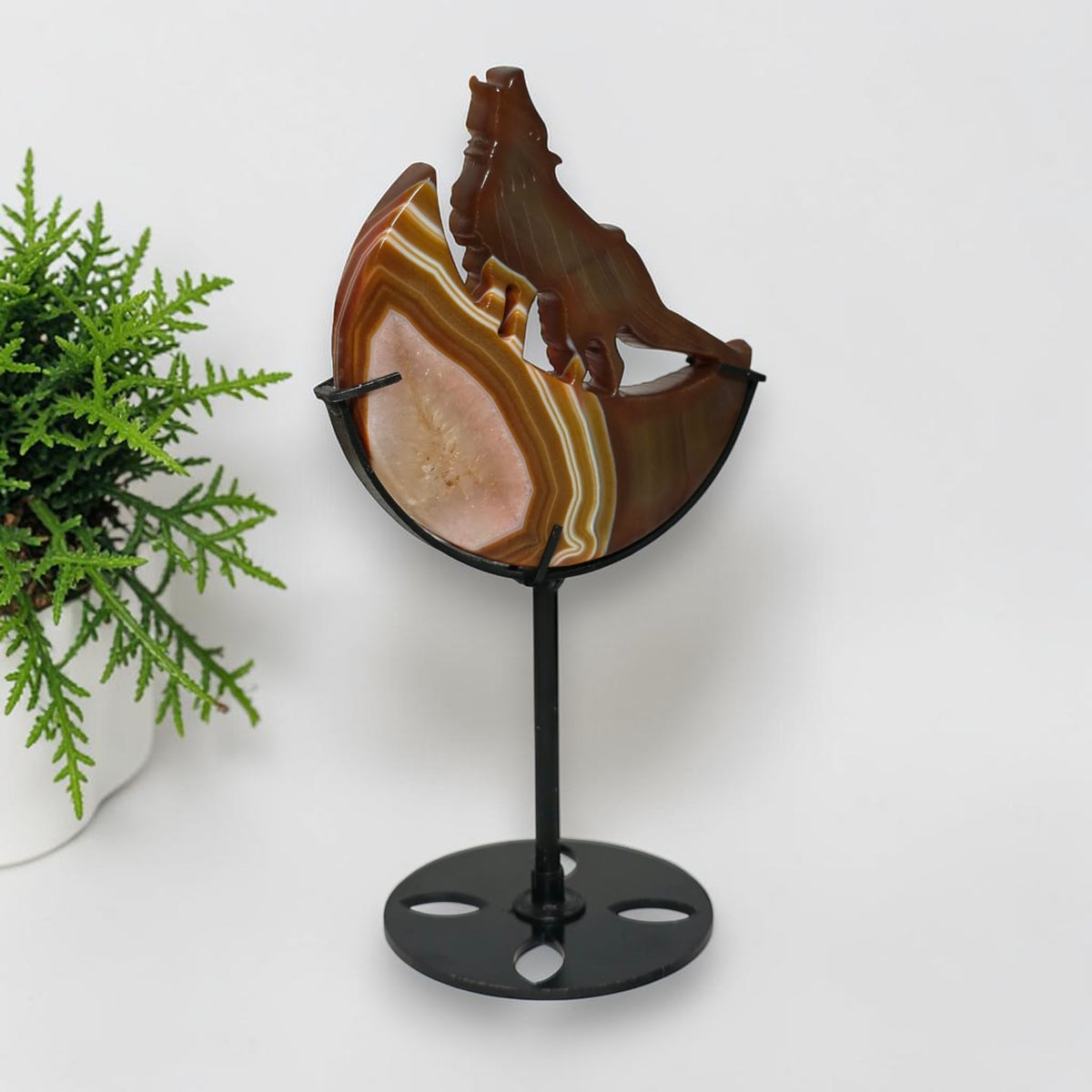 Carnelian Agate Wolf Moon Carving with Stand