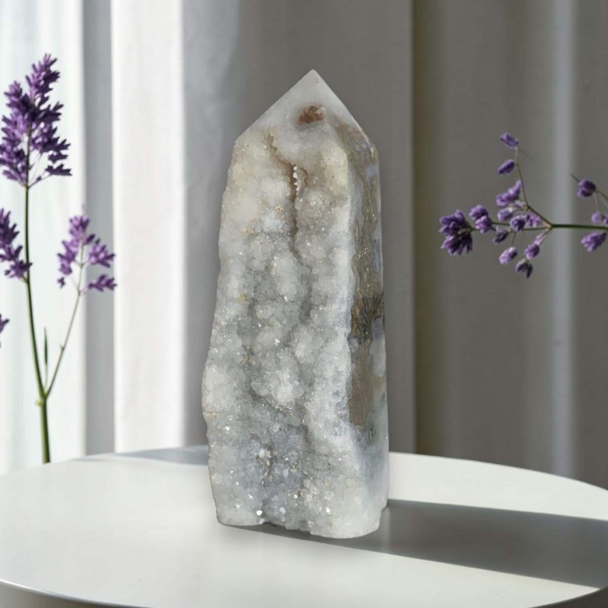 Moss Agate Druzy Tower Crystal Point Geode Obelisk Healing Crystal Decor