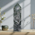 Moss agate druzy tower crystal, dark green and gray vertical stone on base