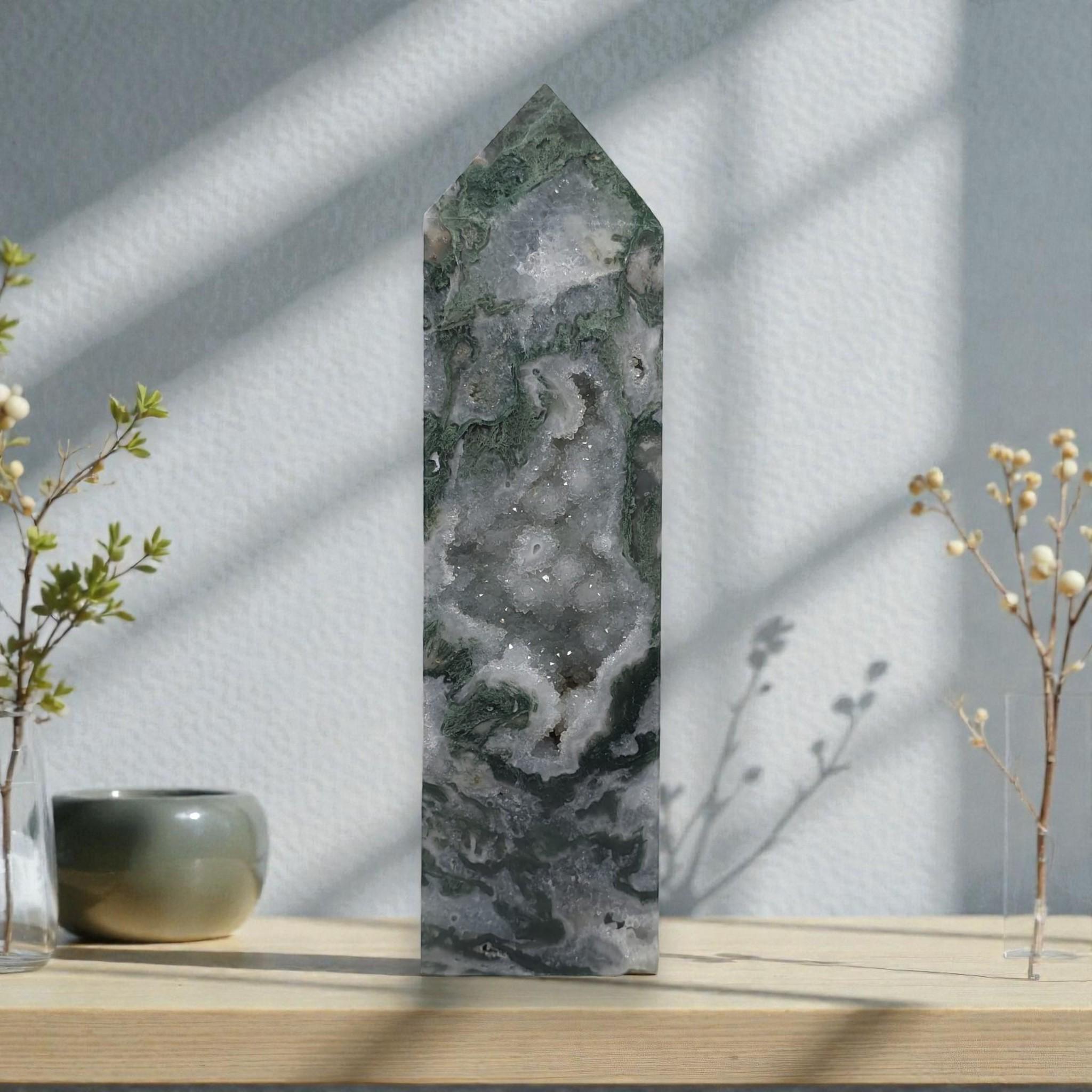 Natural Green Moss Agate Crystal Tower Point Druzy Obelisk Healing Stone Home Decor Gift