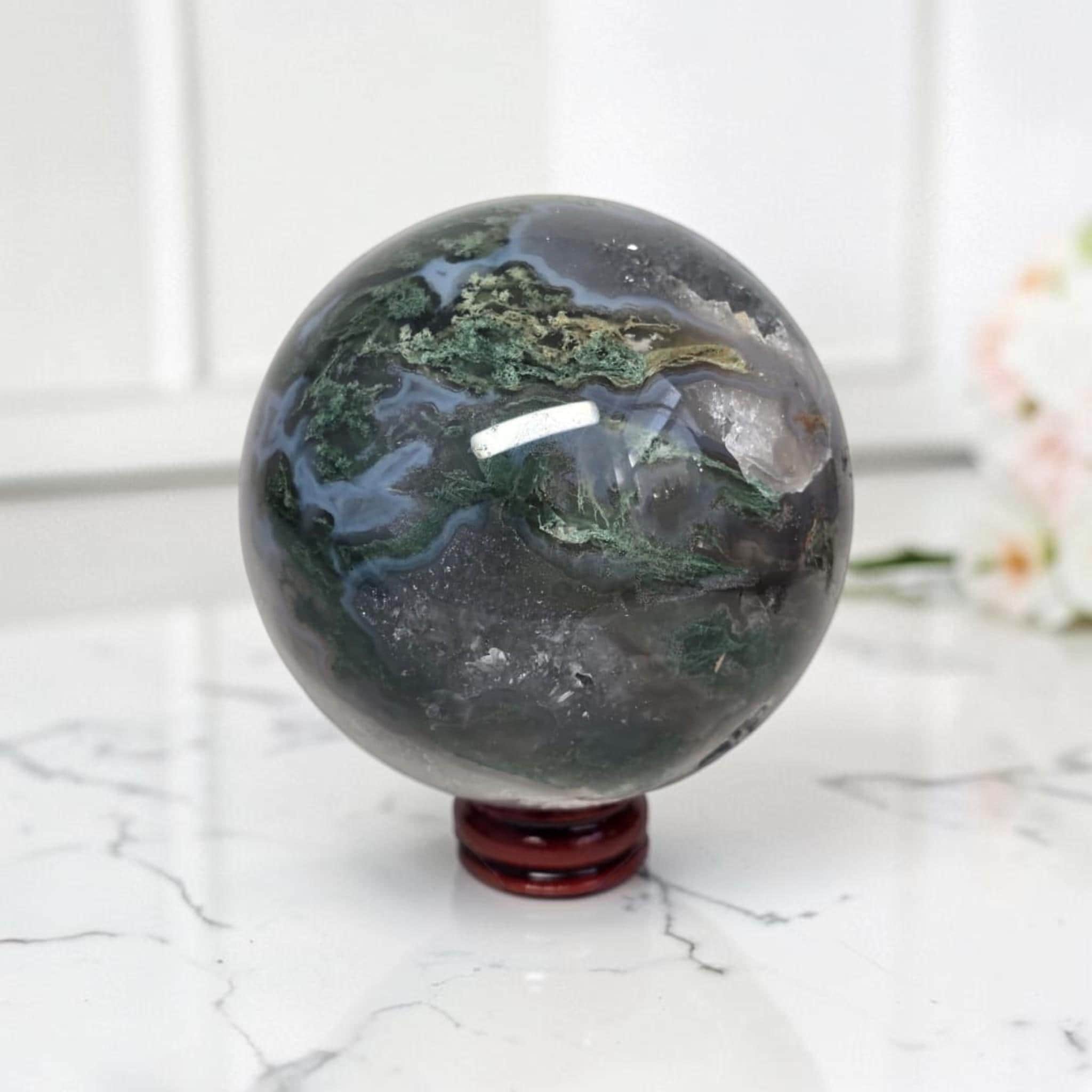 Moss Agate Geode Sphere, Druzy Crystal Orb, Luxury Collector Decor, Unique Healing Stone