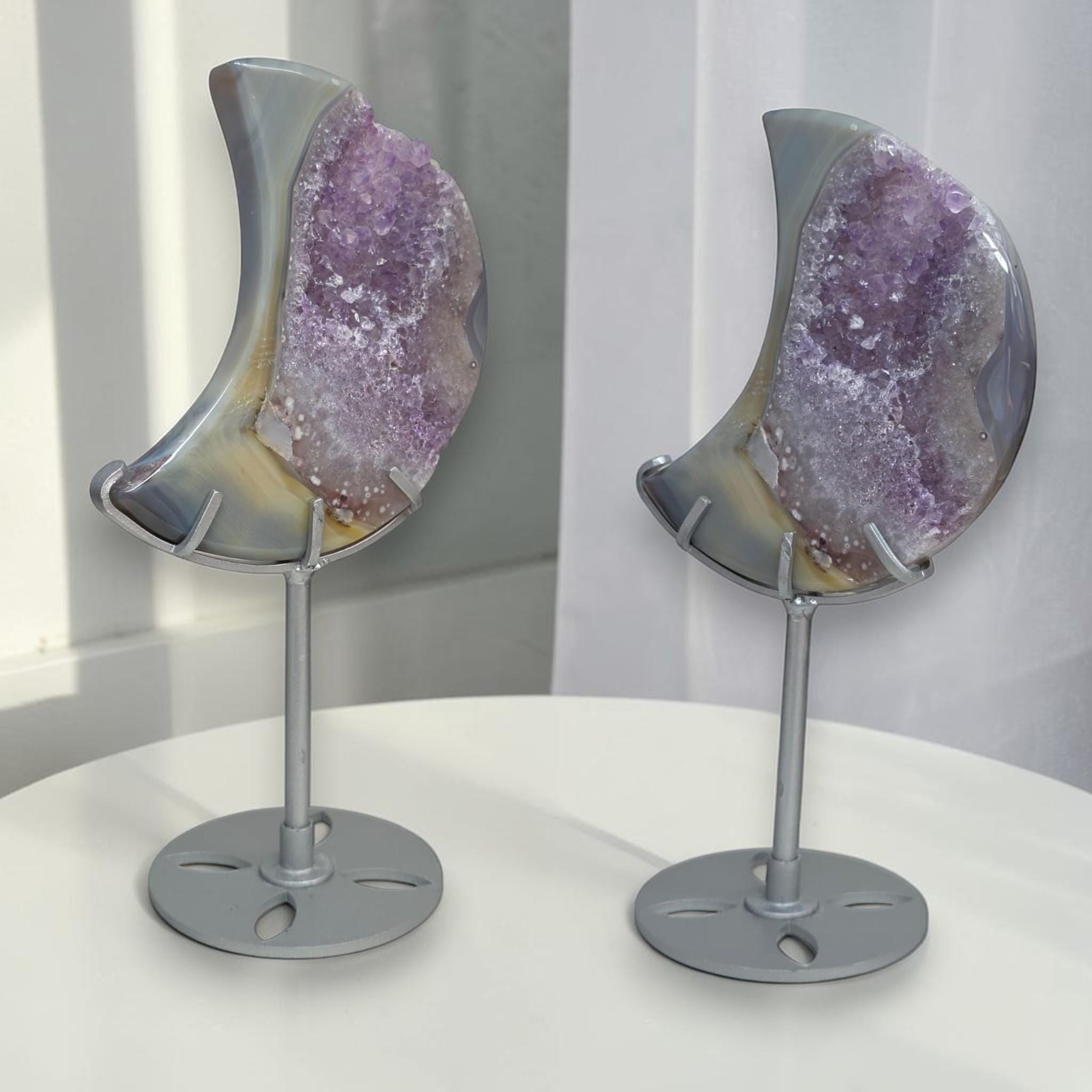 Purple Druzy Agate Crescent Moon Geode on Stand