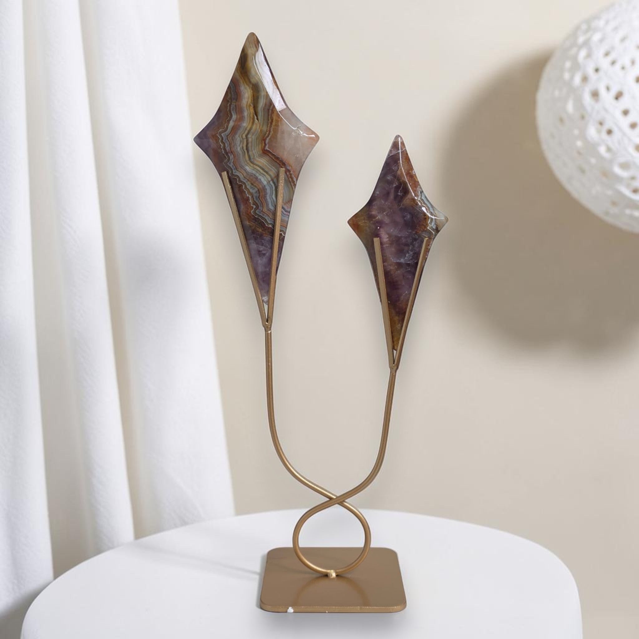Chevron Amethyst Double Star Sculpture – Gold Stand Crystal Art 12"