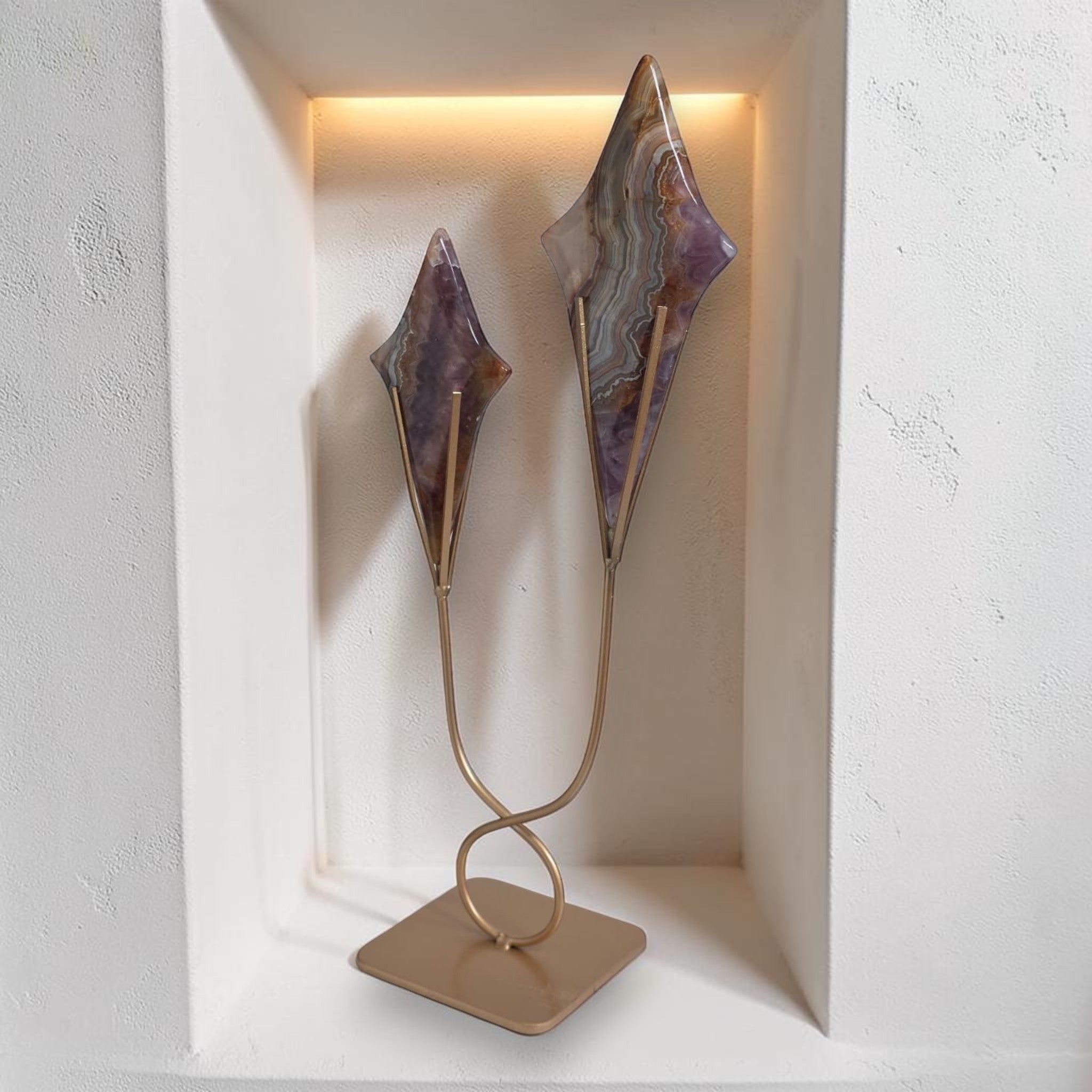 Chevron Amethyst Double Star Sculpture – Gold Stand Crystal Art 12"