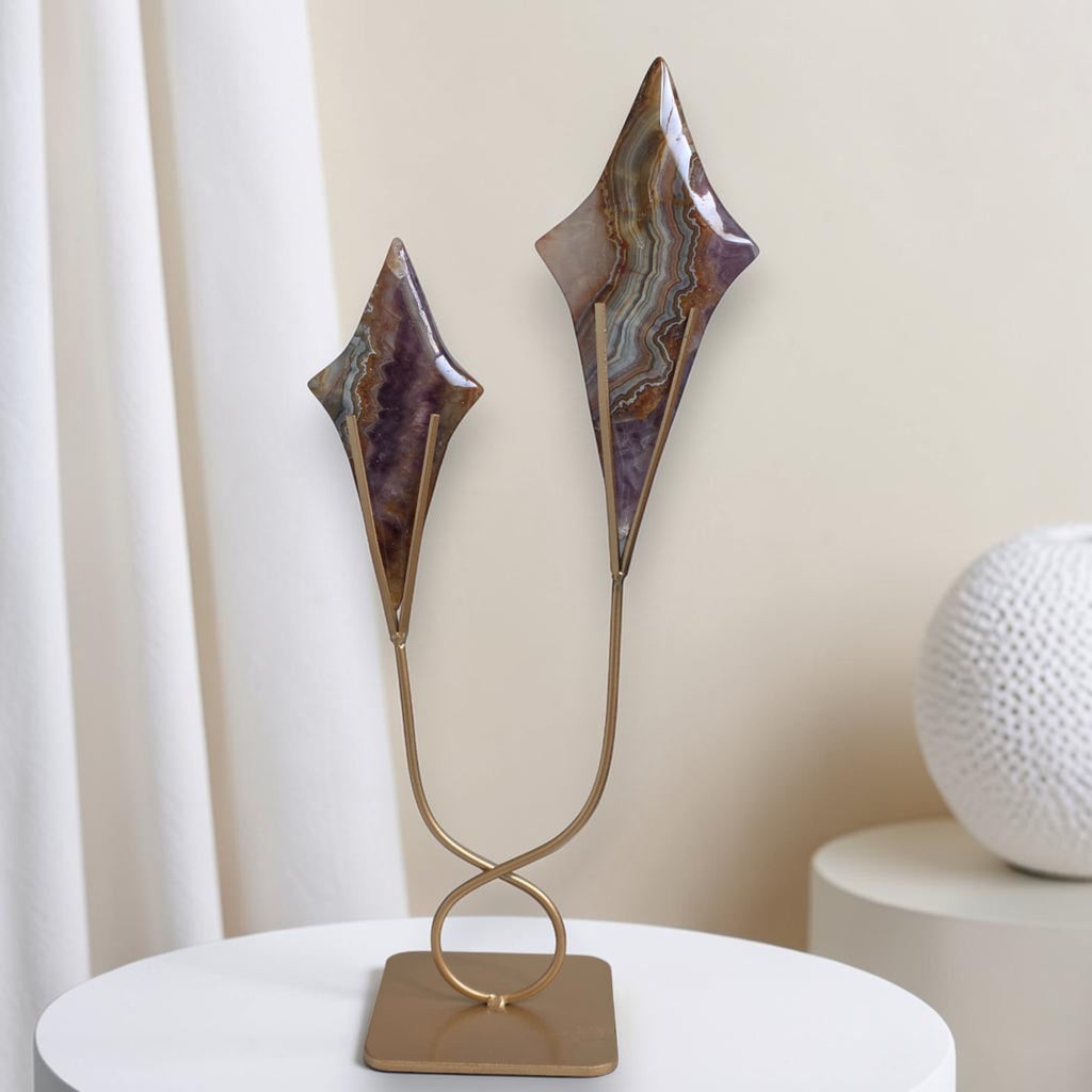 Chevron Amethyst Double Star Sculpture – Gold Stand Crystal Art 12"