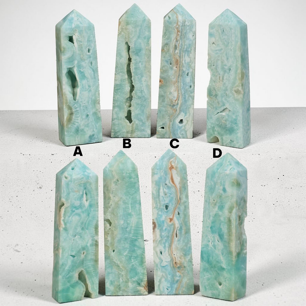 Choose your hemimorphite crystal tower - selection guide showing options A B C D