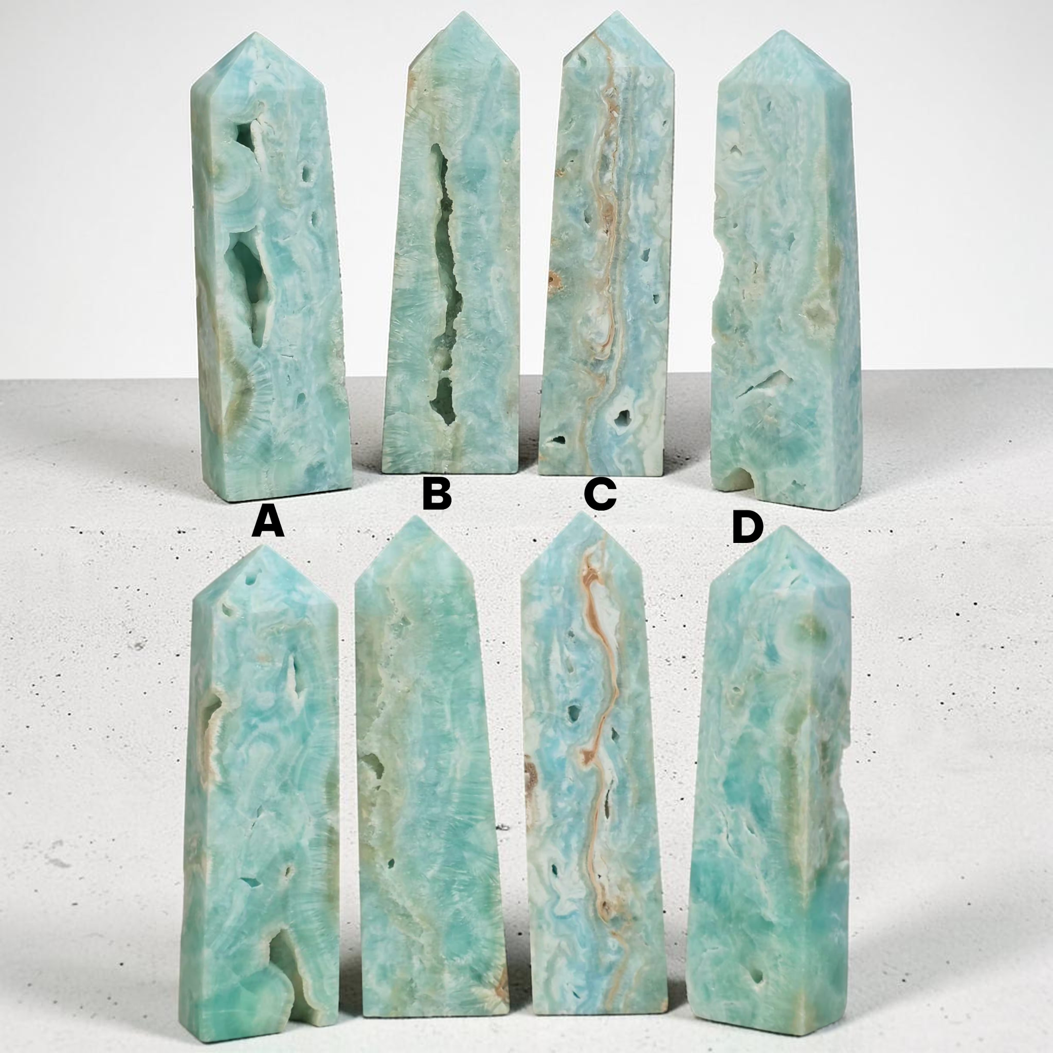 Choose your hemimorphite crystal tower - selection guide showing options A B C D