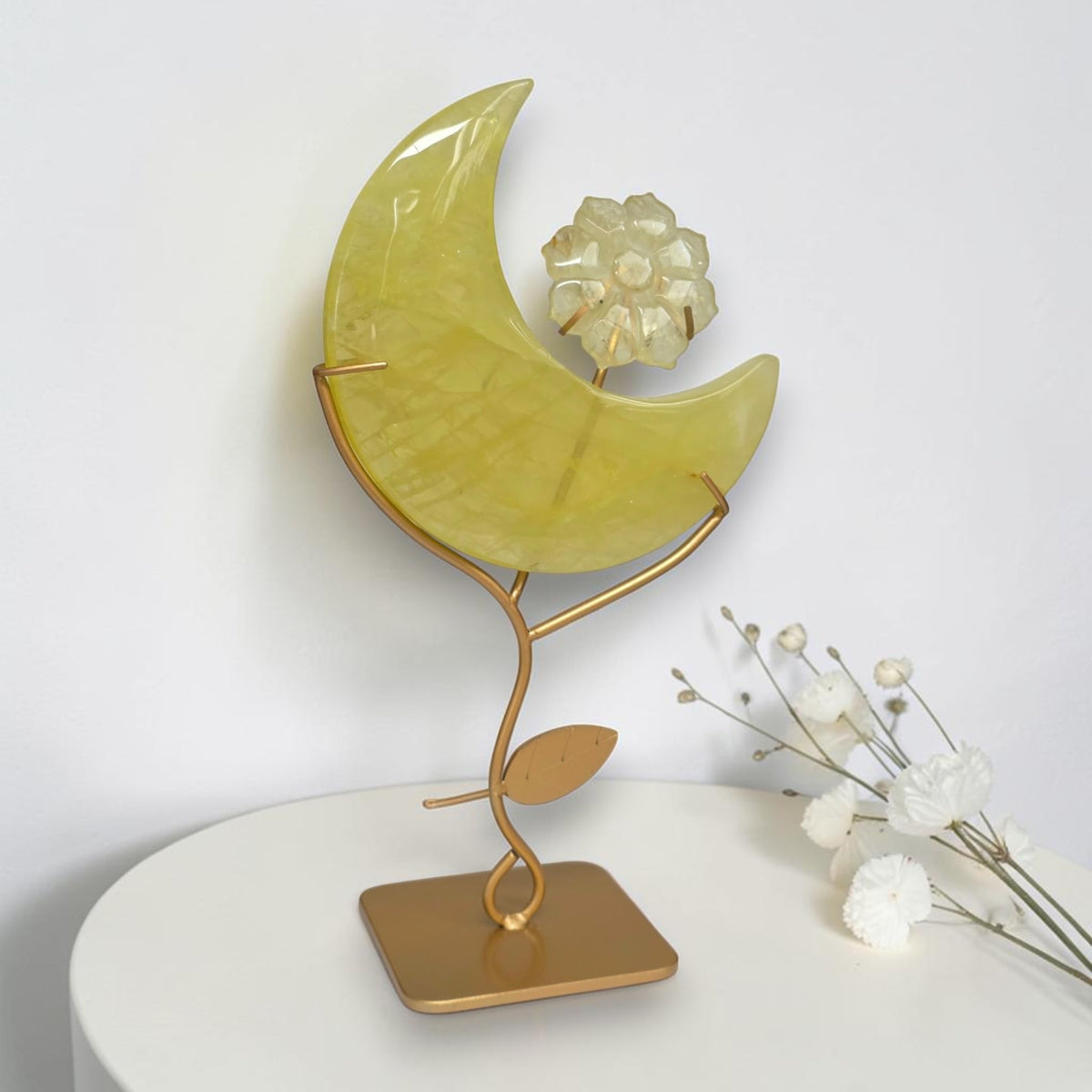 Citrine moon and flower on gold tone stand, angled view