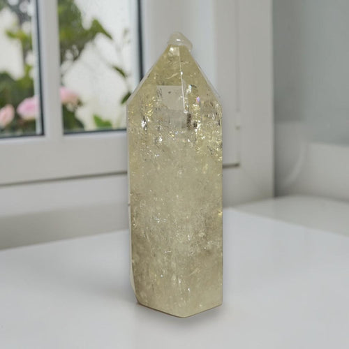 Natural citrine tower pale yellow front view