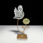 Clear Quartz swan and Citrine flower crystal set back view on gold stand