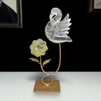 Clear Quartz swan and Citrine flower set on gold stand front view