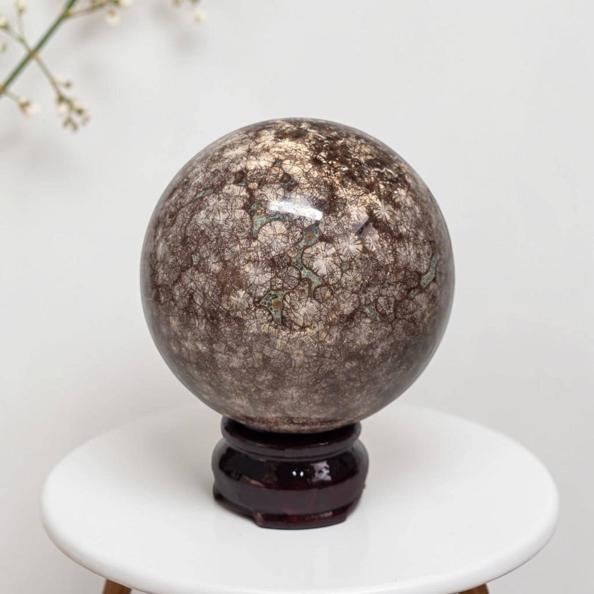 Coral jasper sphere 80mm on dark stand, mottled brown with vein texture