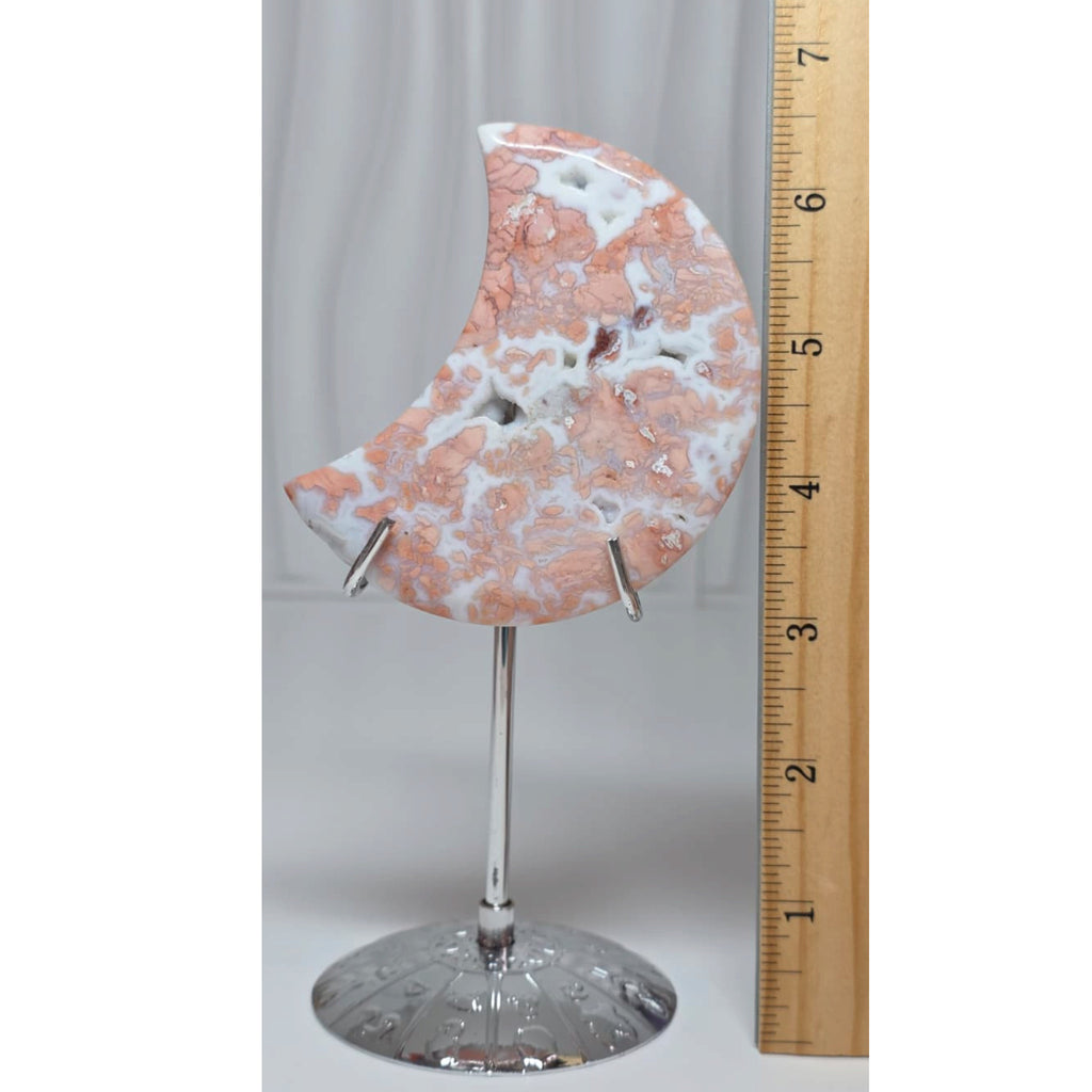 Cotton Candy Agate moon with stand beside ruler showing overall height