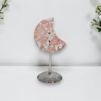 Cotton Candy Agate crescent moon on included silver tone display stand