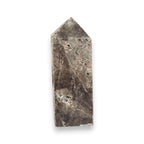 Natural sphalerite crystal tower, dark gray-brown with scattered light specks