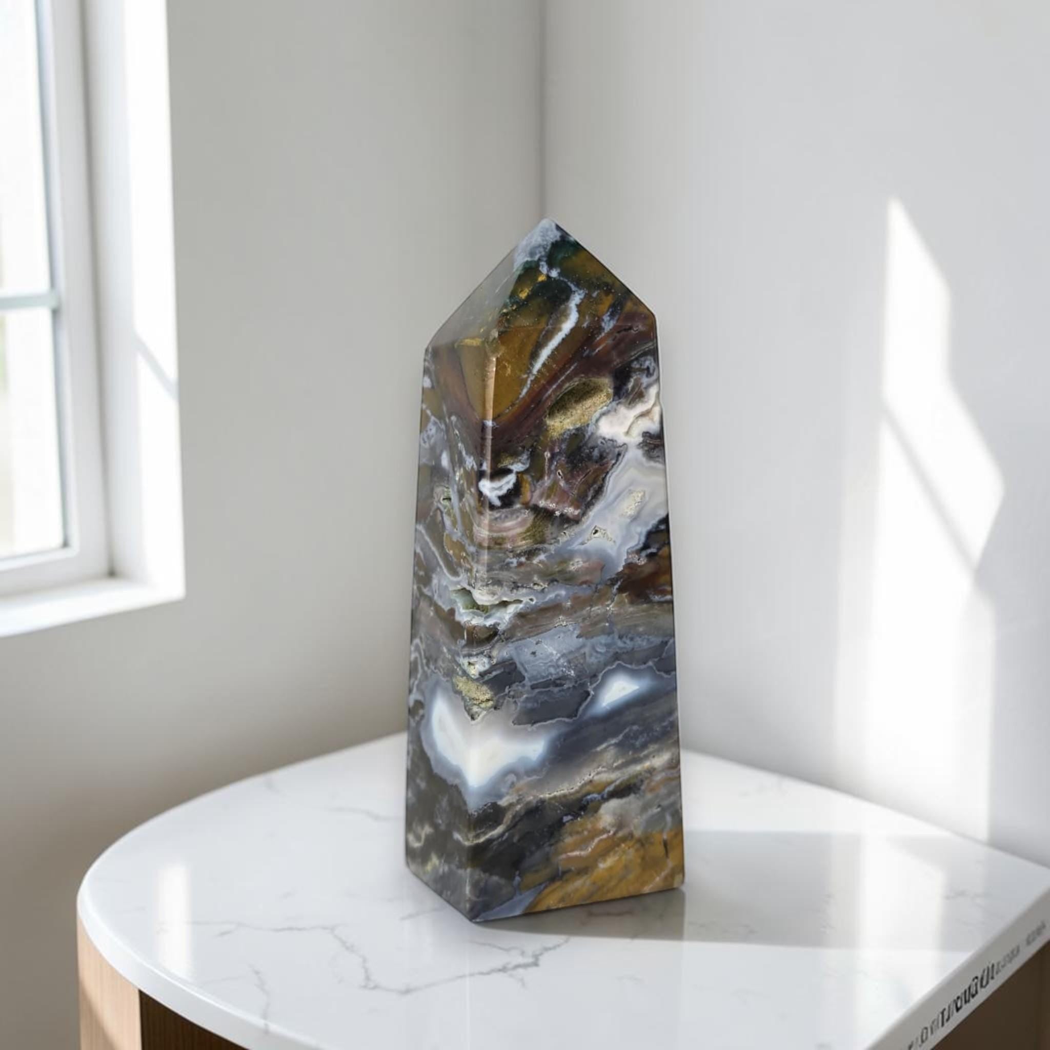 Ocean Jasper Tower, Natural Crystal Obelisks, Polished Stone Home Decor Gift