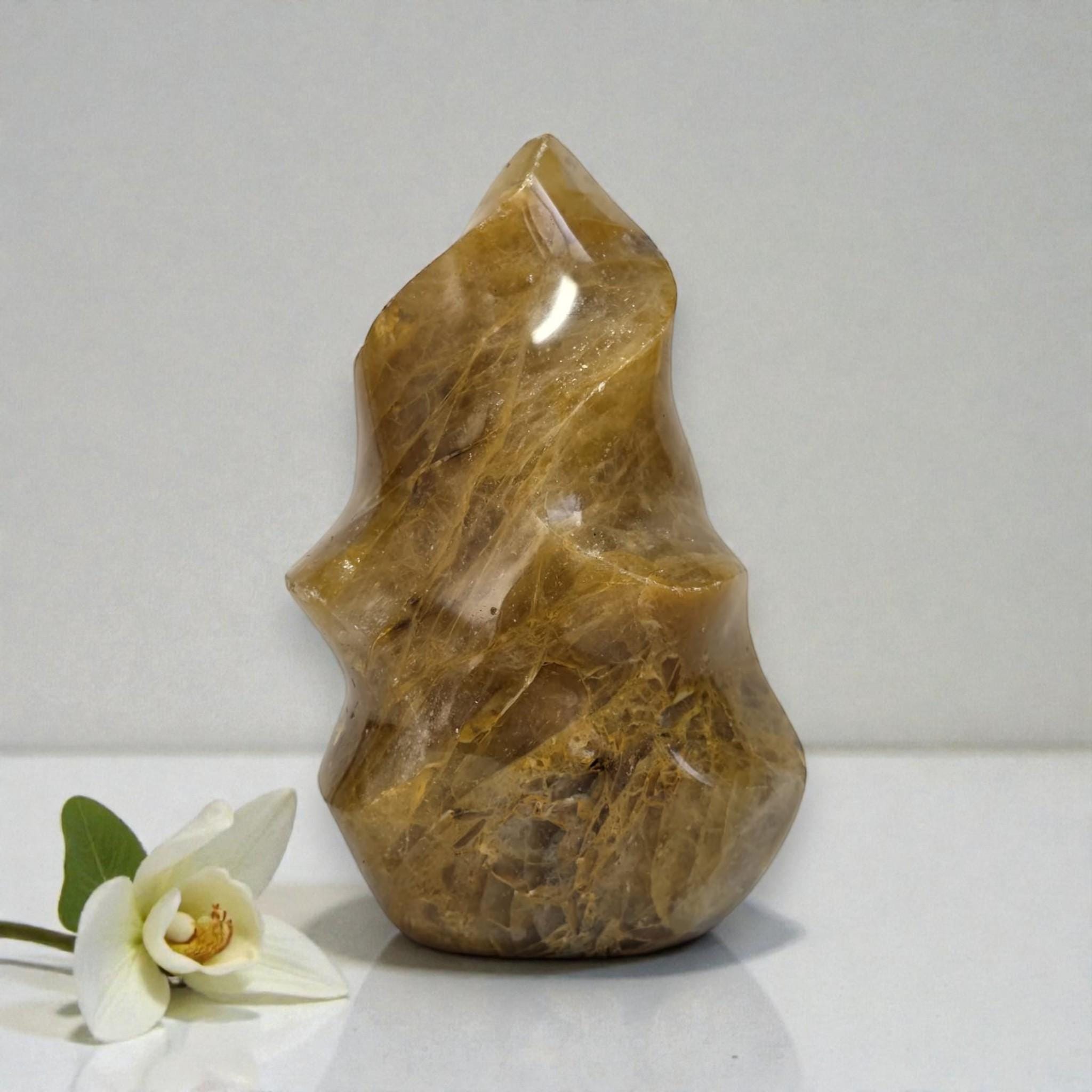 Golden Healer Quartz Flame, Large Healing Stone Decor, Reiki Gift, Meditation Mineral Sculpture