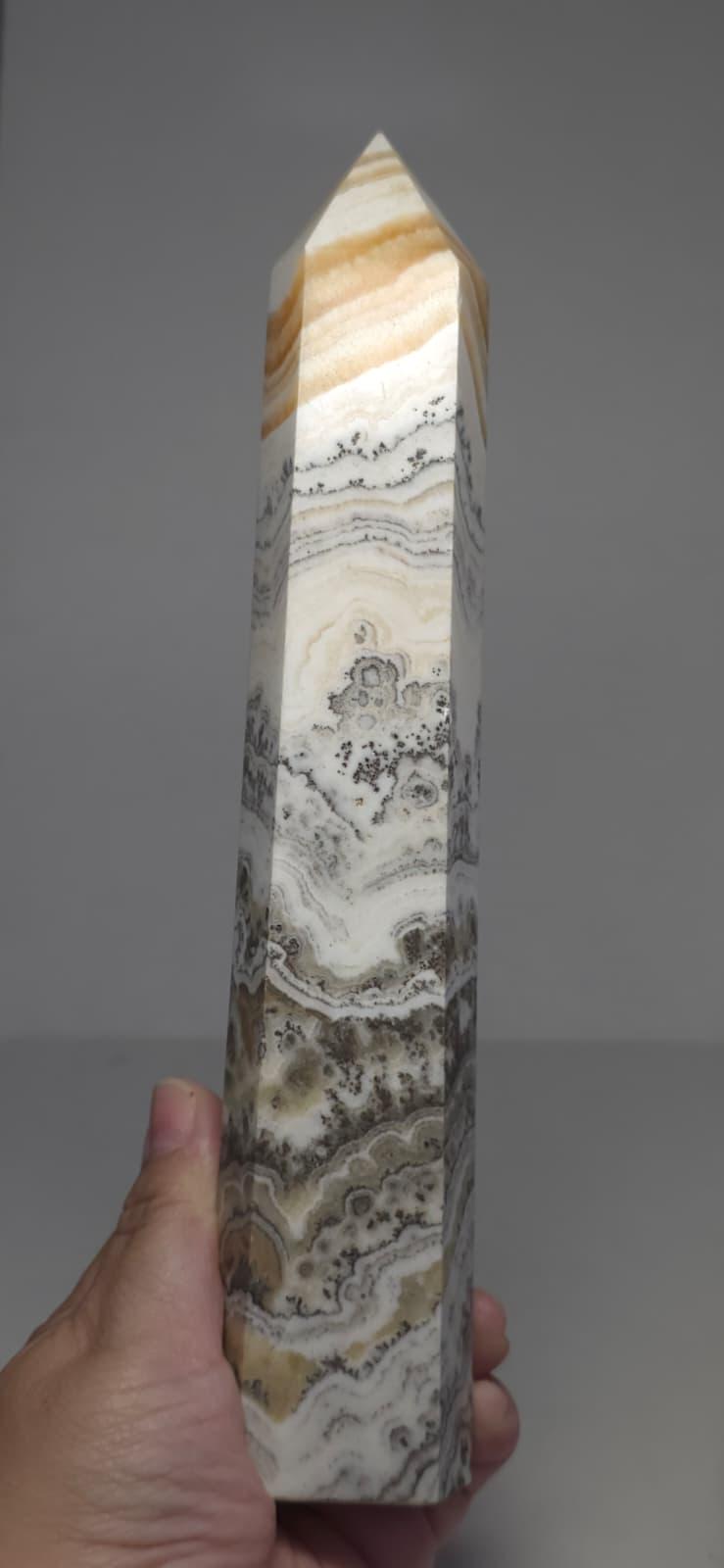 Large Banded Calcite Crystal Tower, Polished Obelisk, Natural Stone Decor