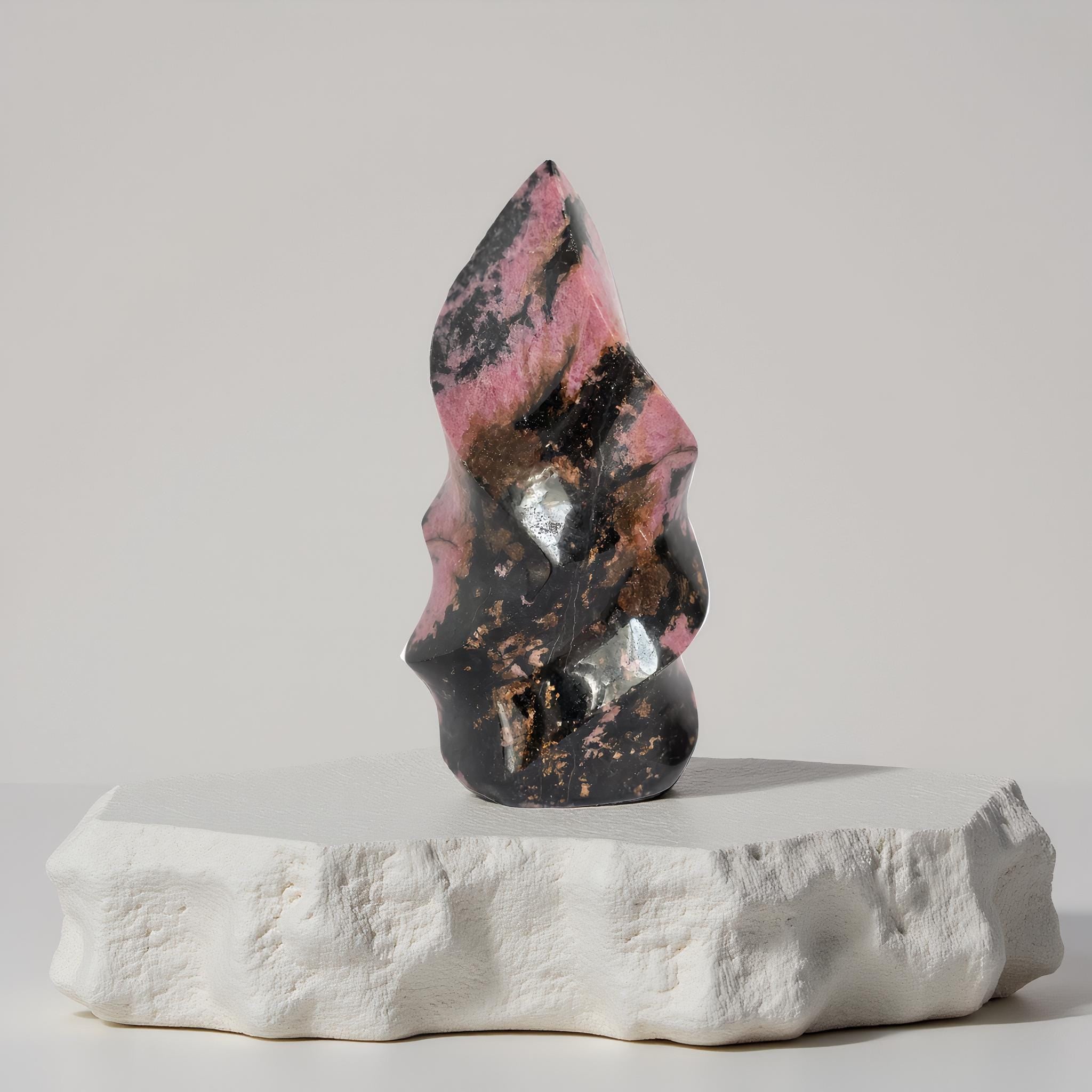 Pink Rhodonite Crystal Flame Natural Stone Carving – Heart Chakra Healing Decor