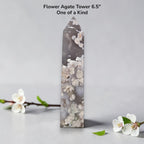 Flower agate crystal tower standing, dark gray with white druzy patches