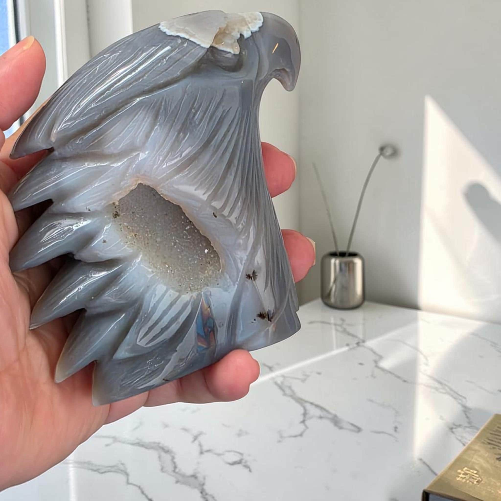 Agate Geode Hand Carved Eagle Head Crystal Sculpture