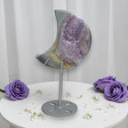 Crescent moon purple druzy agate geode on metal stand with round base