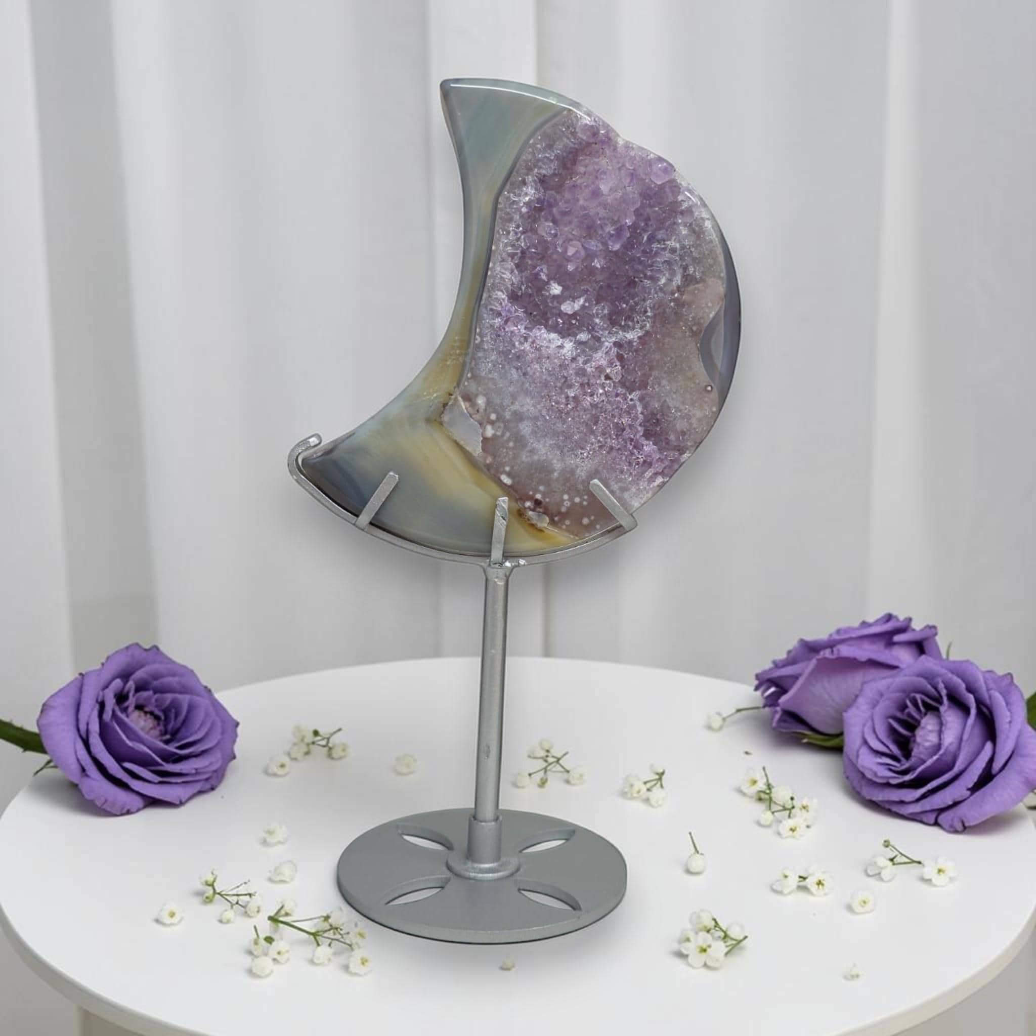 Purple Druzy Agate Crescent Moon Geode on Stand