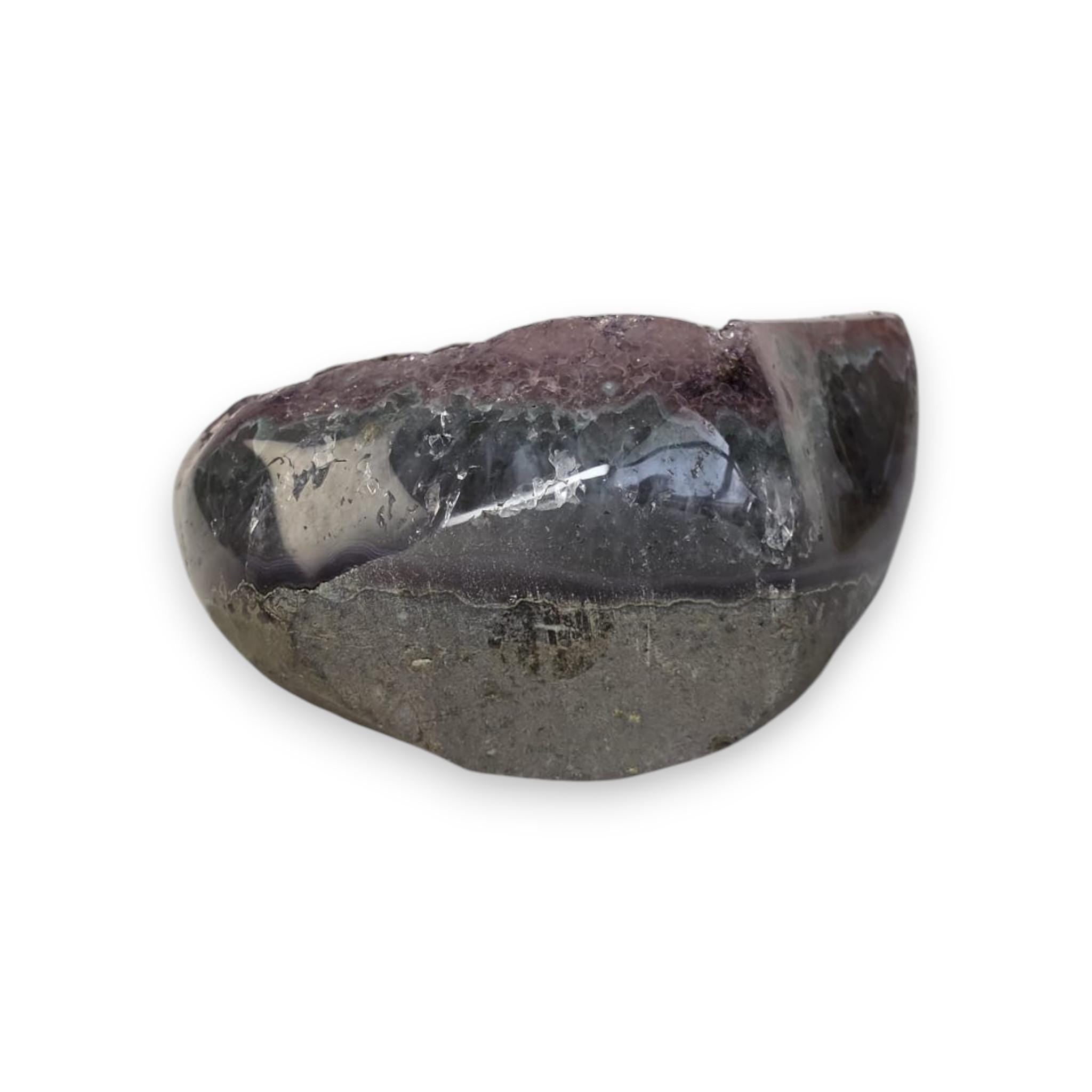 Purple druzy geode, freeform cut with clear quartz-like crack and dark outer matrix