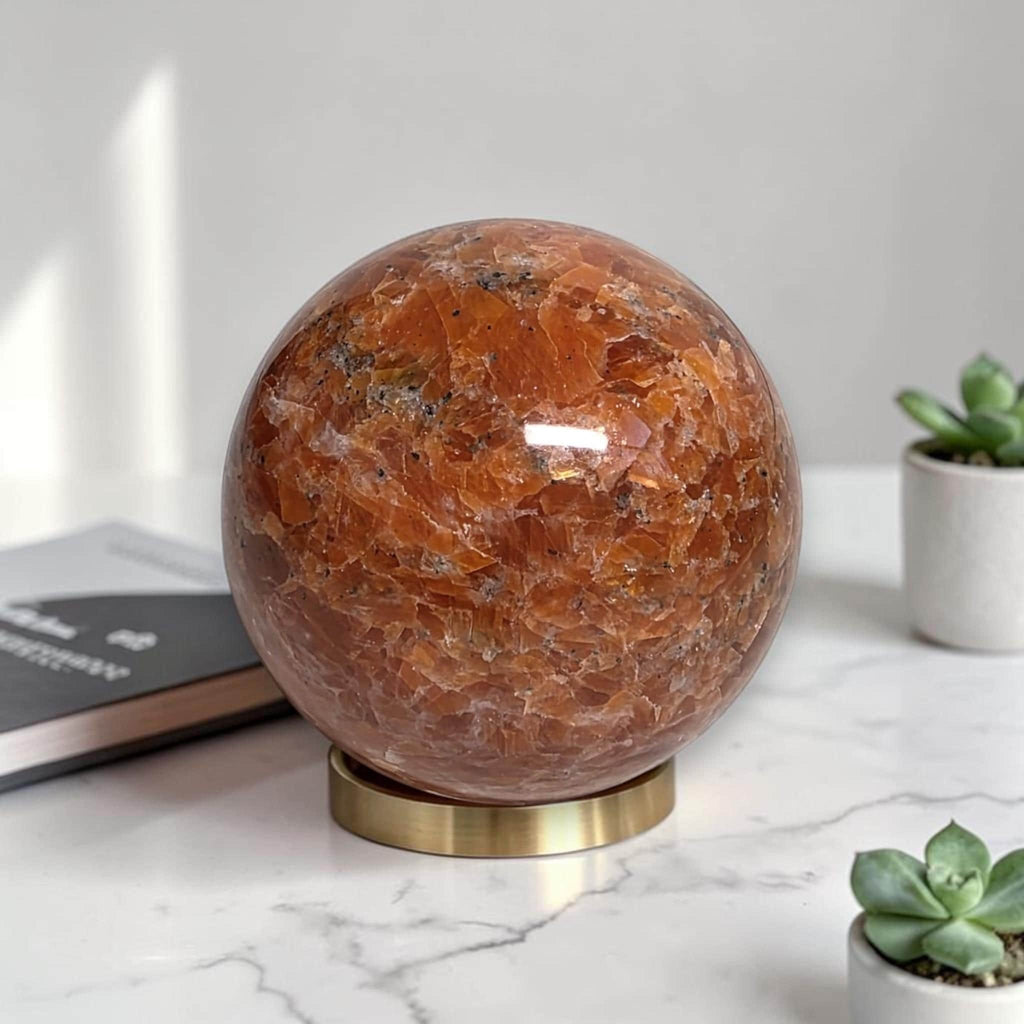 Polished natural orange sunstone sphere on gold display stand