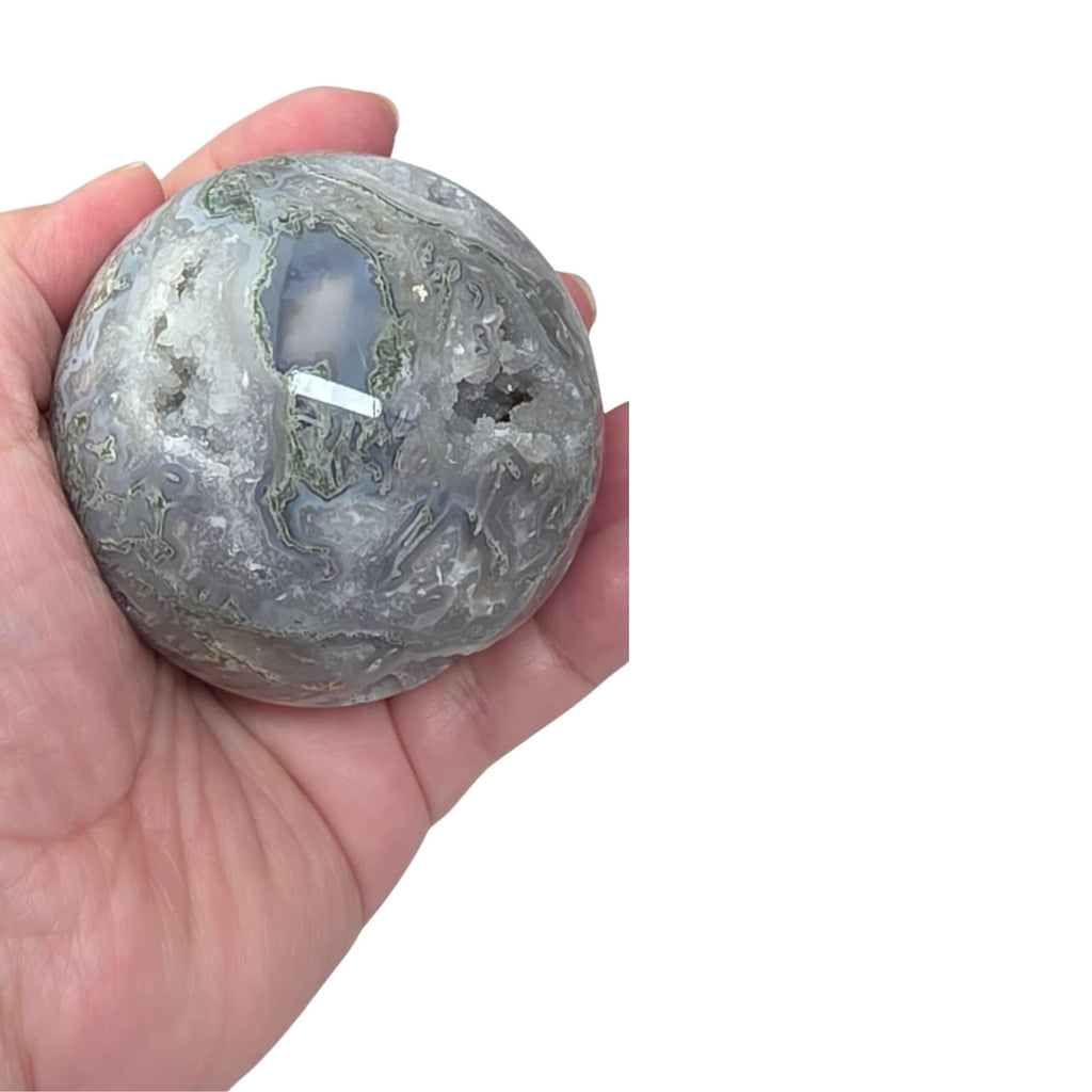 Moss Agate Sphere with Geode, Grey Quartz Decor