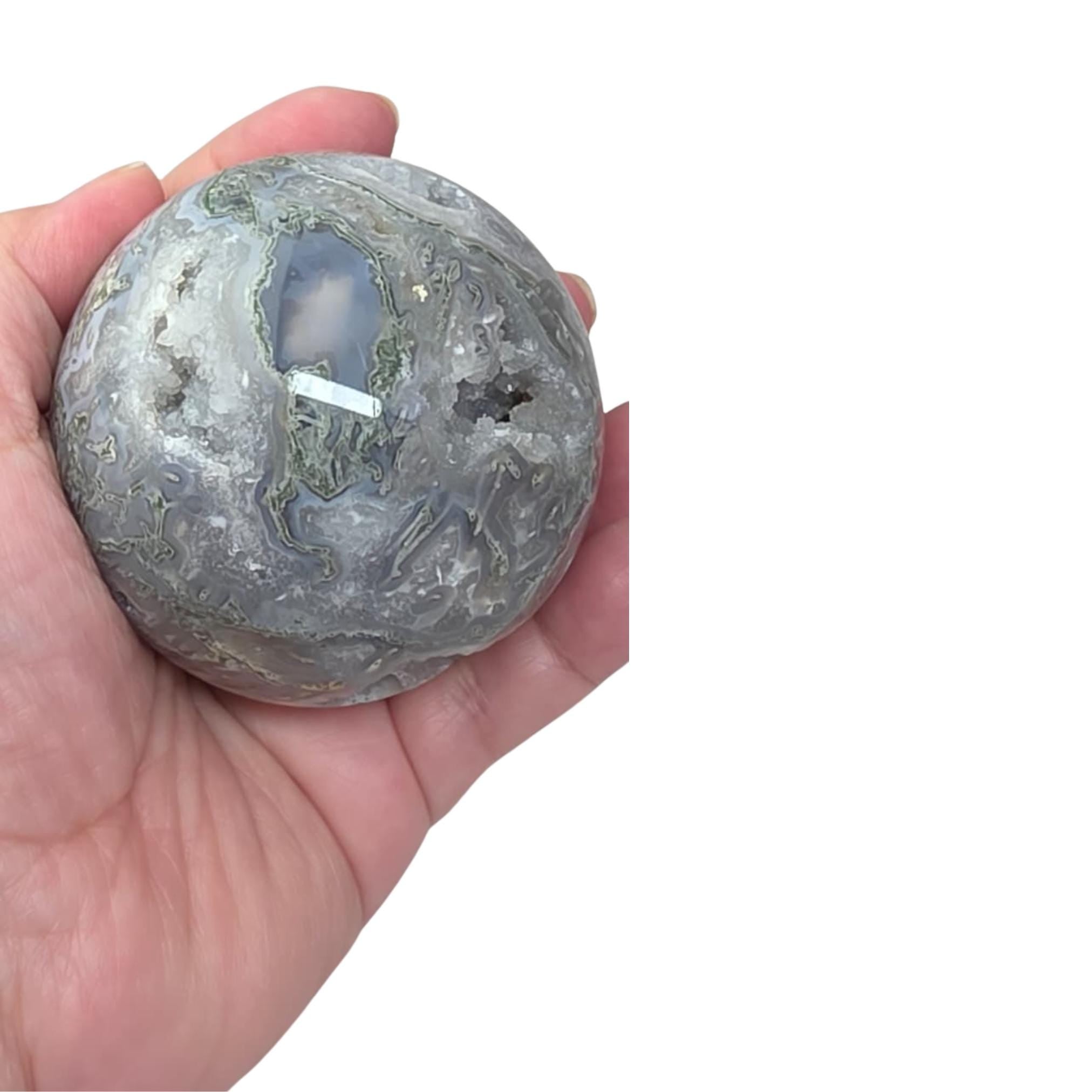 Moss Agate Sphere with Geode, Grey Quartz Decor