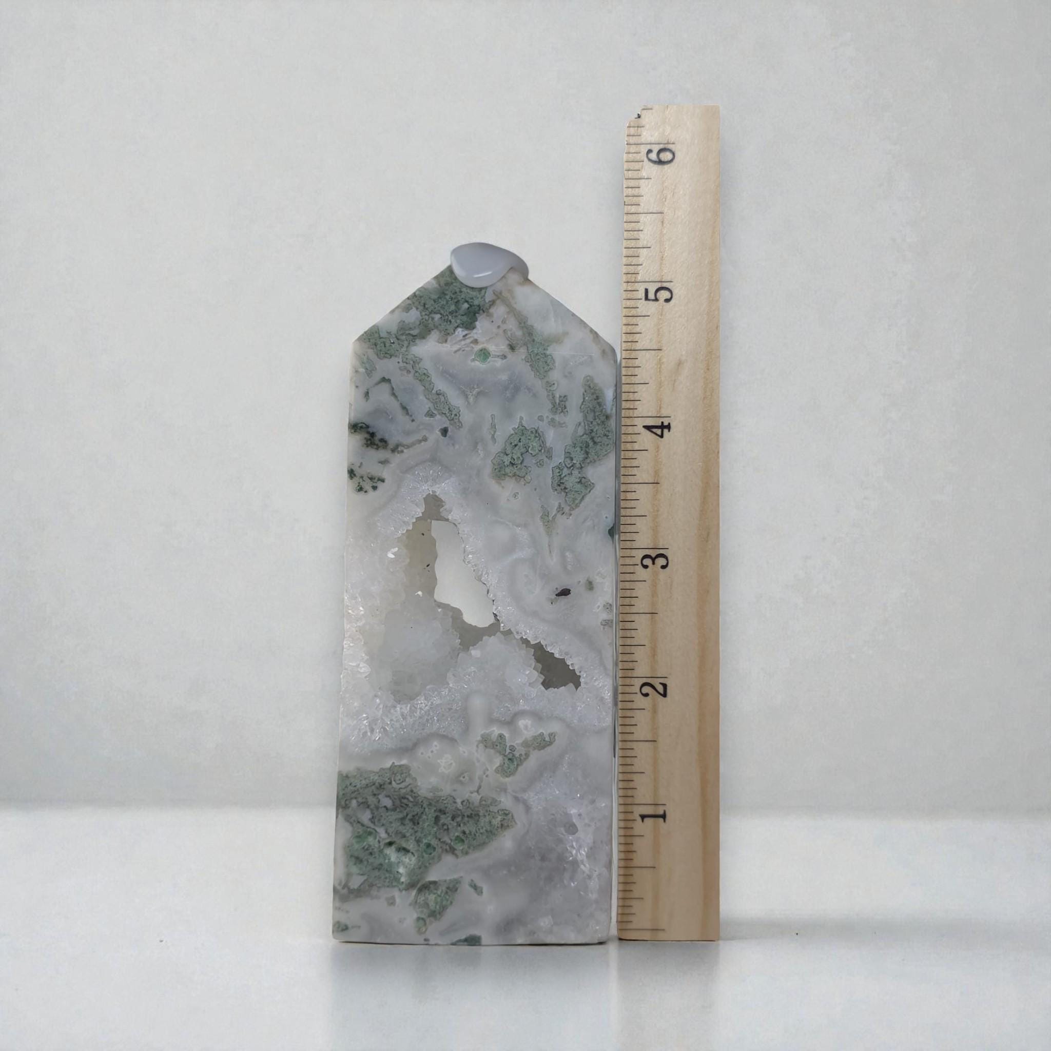 Natural Green Moss Agate Crystal Tower Hollow Druzy Geode Center Large Obelisk Decor