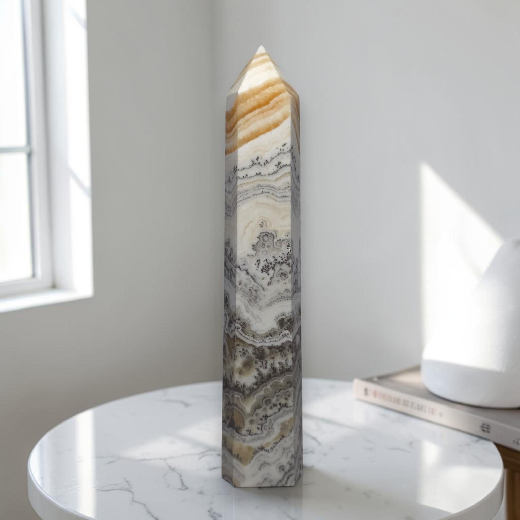 Large Banded Calcite Crystal Tower, Polished Obelisk, Natural Stone Decor