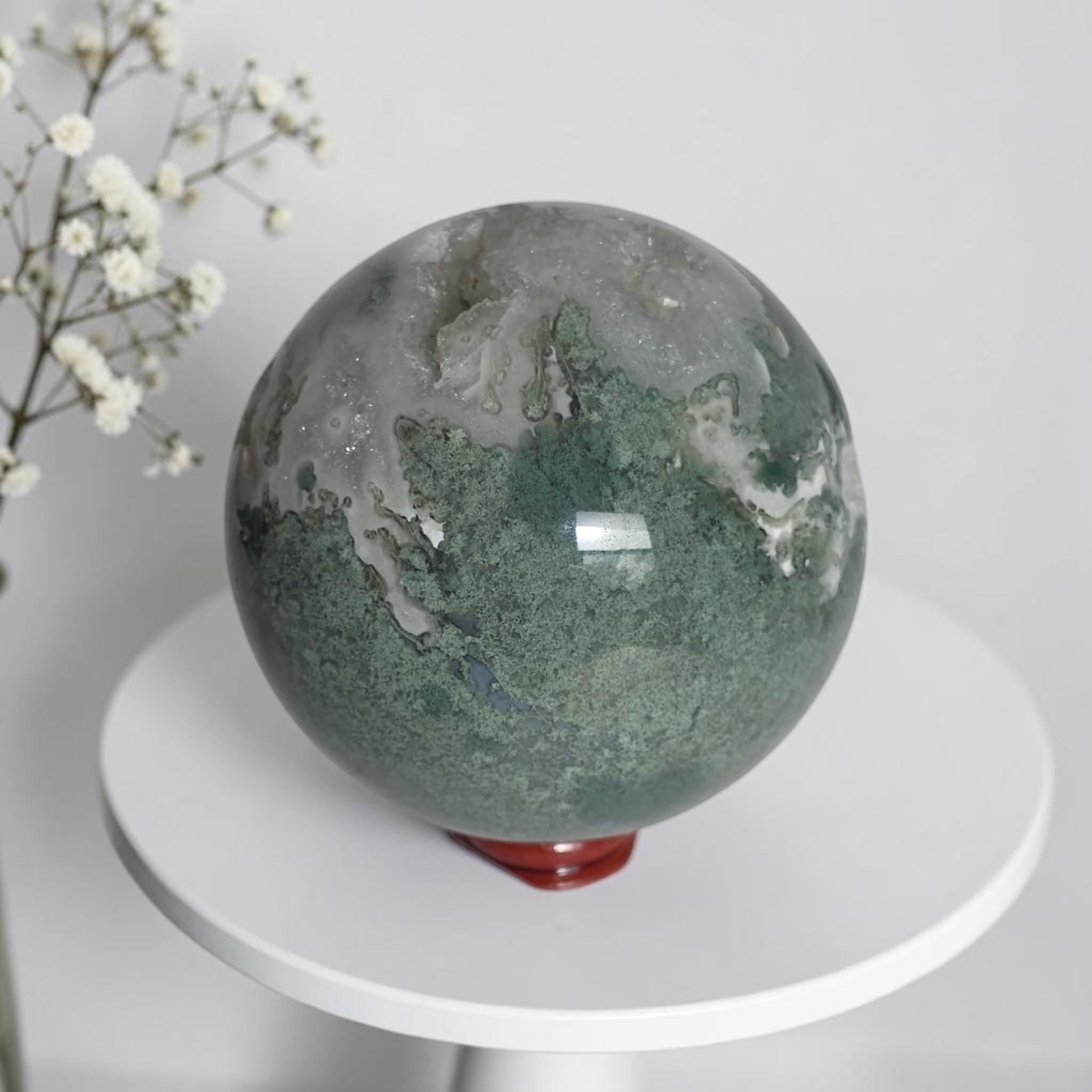 Green Druzy Crystal Sphere Moss Agate Quartz Ball