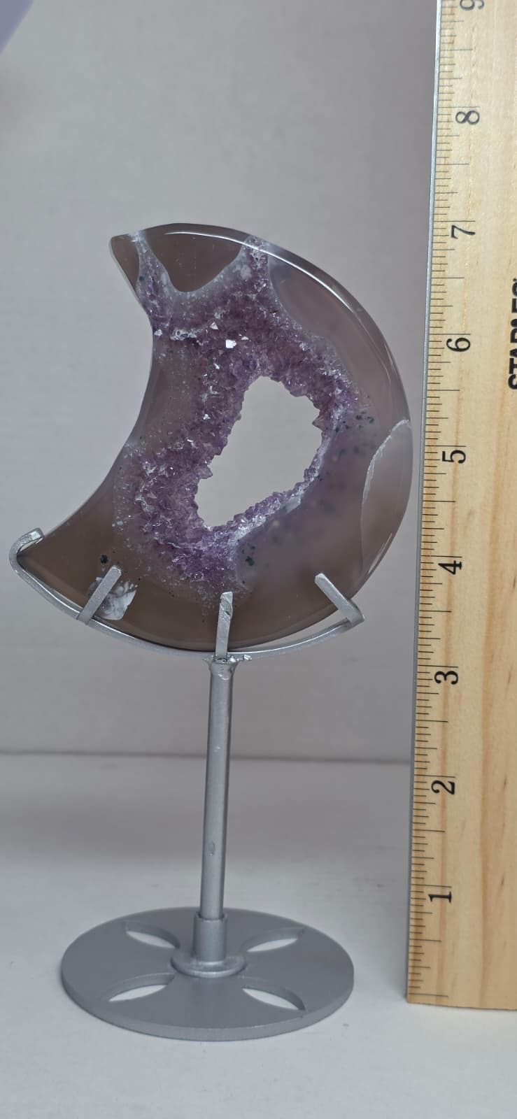 Lavender Druzy Agate Moon, Crystal Moon Decor, Purple Geode Crescent