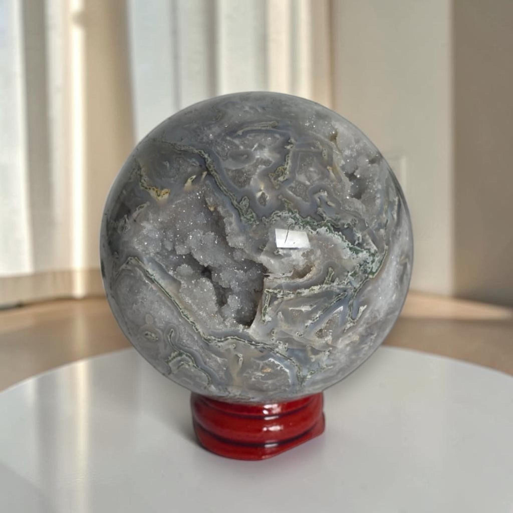 Moss Agate Sphere with Geode, Grey Quartz Decor