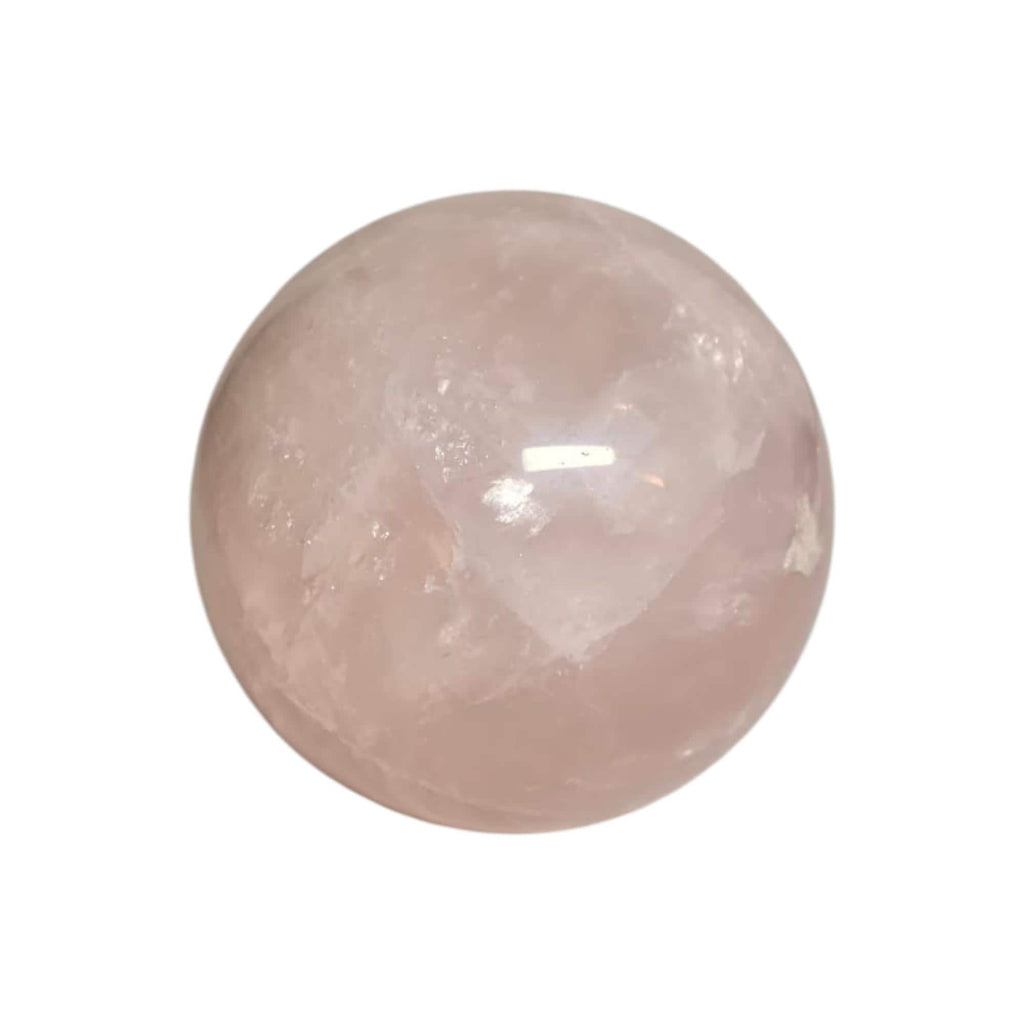 Polished rose quartz sphere, light pink translucence and sparkling crystal texture