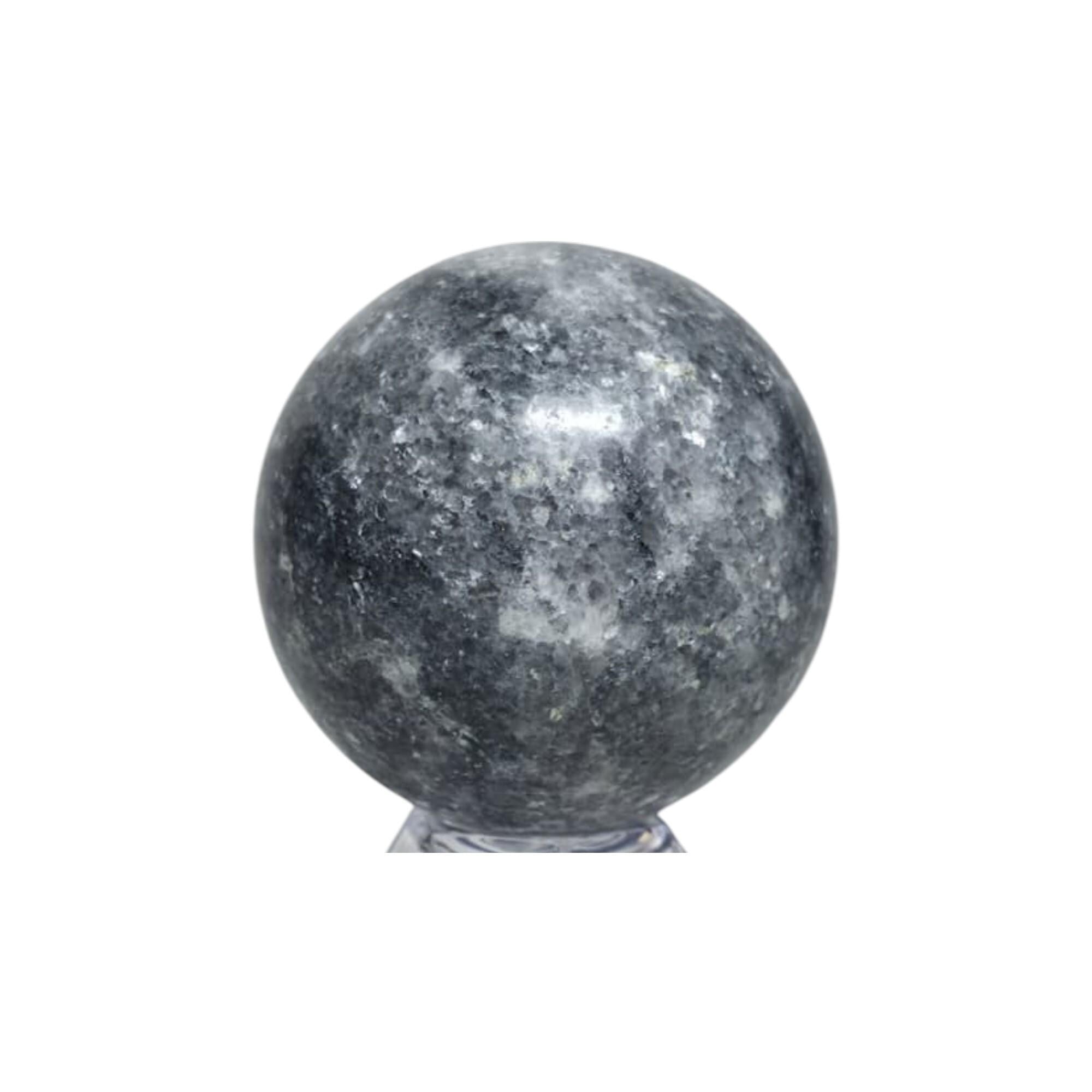 Dark gray jasper crystal ball sphere with speckled pattern on clear stand