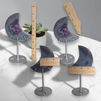 Agate moon crystal decor with purple druzy geode, shown with wooden measuring sticks