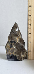 Volcano agate flame druzy decor piece, pointed top, smoky brown with dark blue pockets
