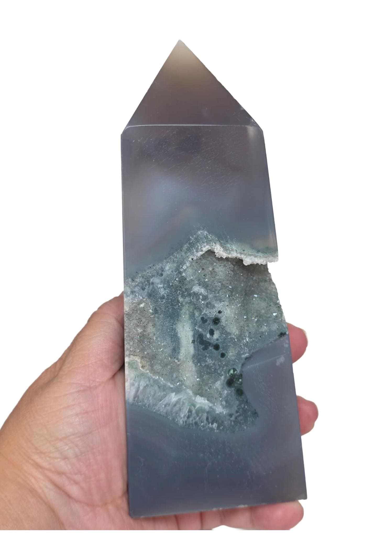 Large Druzy Agate Tower, Geode Crystal Point, Gray Quartz Obelisk Decor