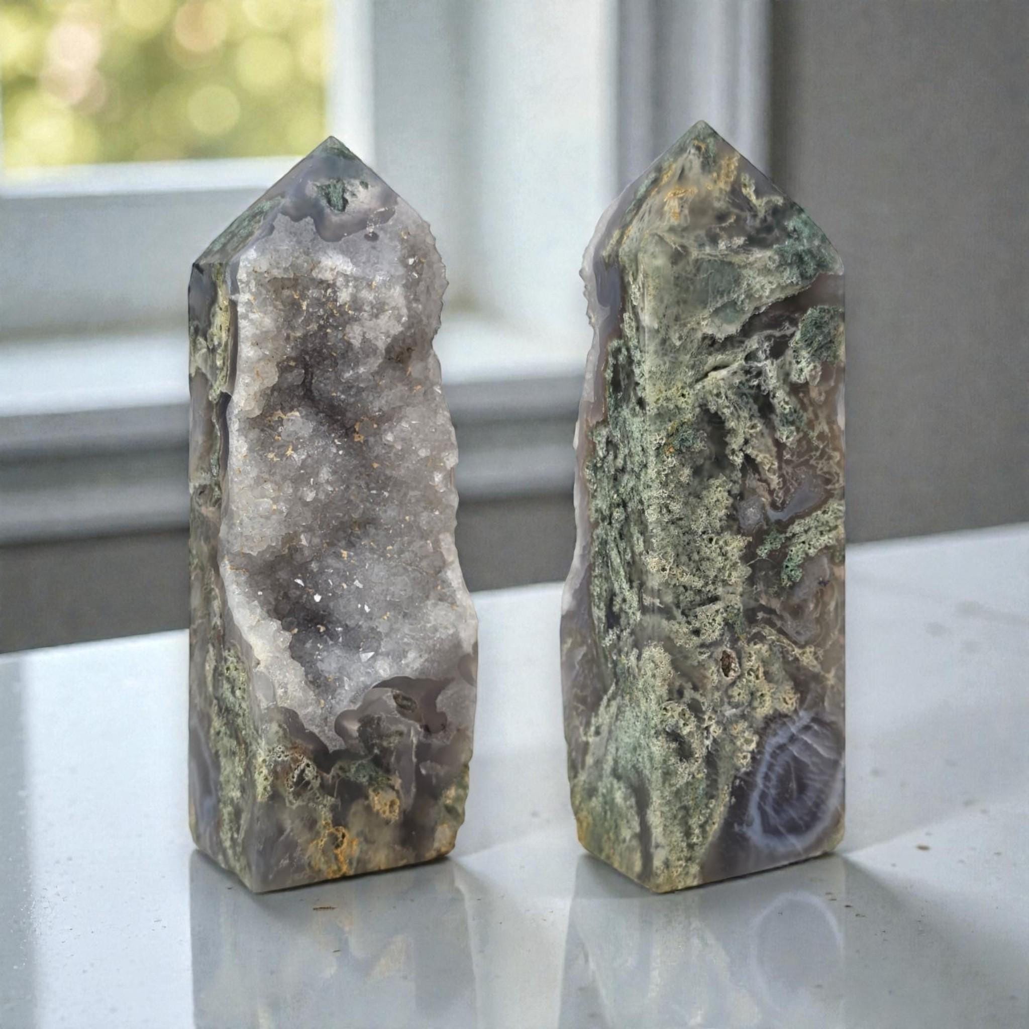 Moss Agate Tower Druzy, Healing Stone Decor Gift