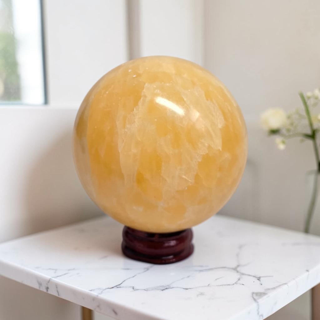 Yellow calcite sphere with polished surface and crystal inclusions on base