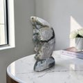 Moss Agate Moon Face Carving, Hand Carved Sculpture, Celestial Home Decor