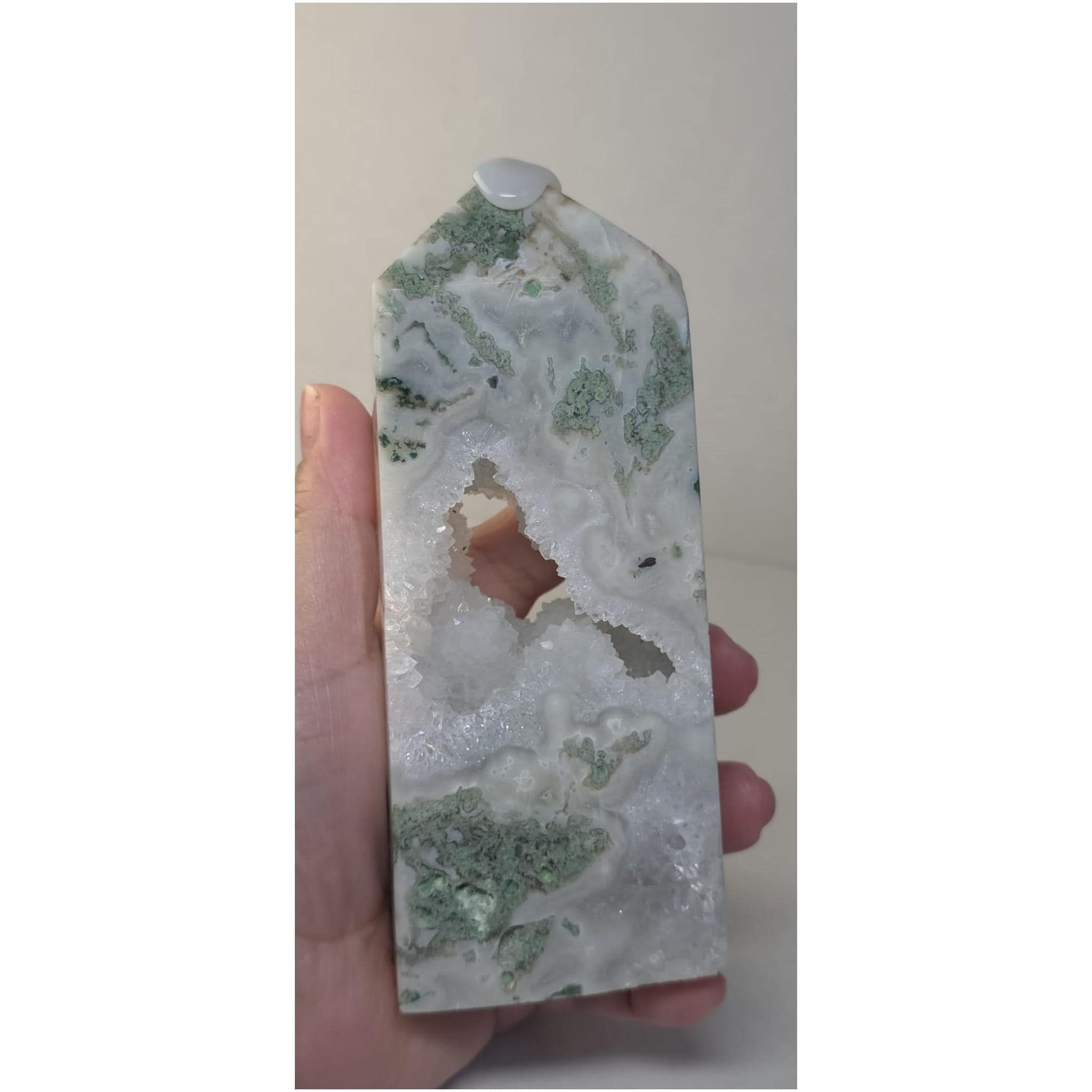 Natural Green Moss Agate Crystal Tower Hollow Druzy Geode Center Large Obelisk Decor