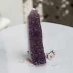 Amethyst drusy crystal tower, upright purple crystal cluster with clear quartz cap