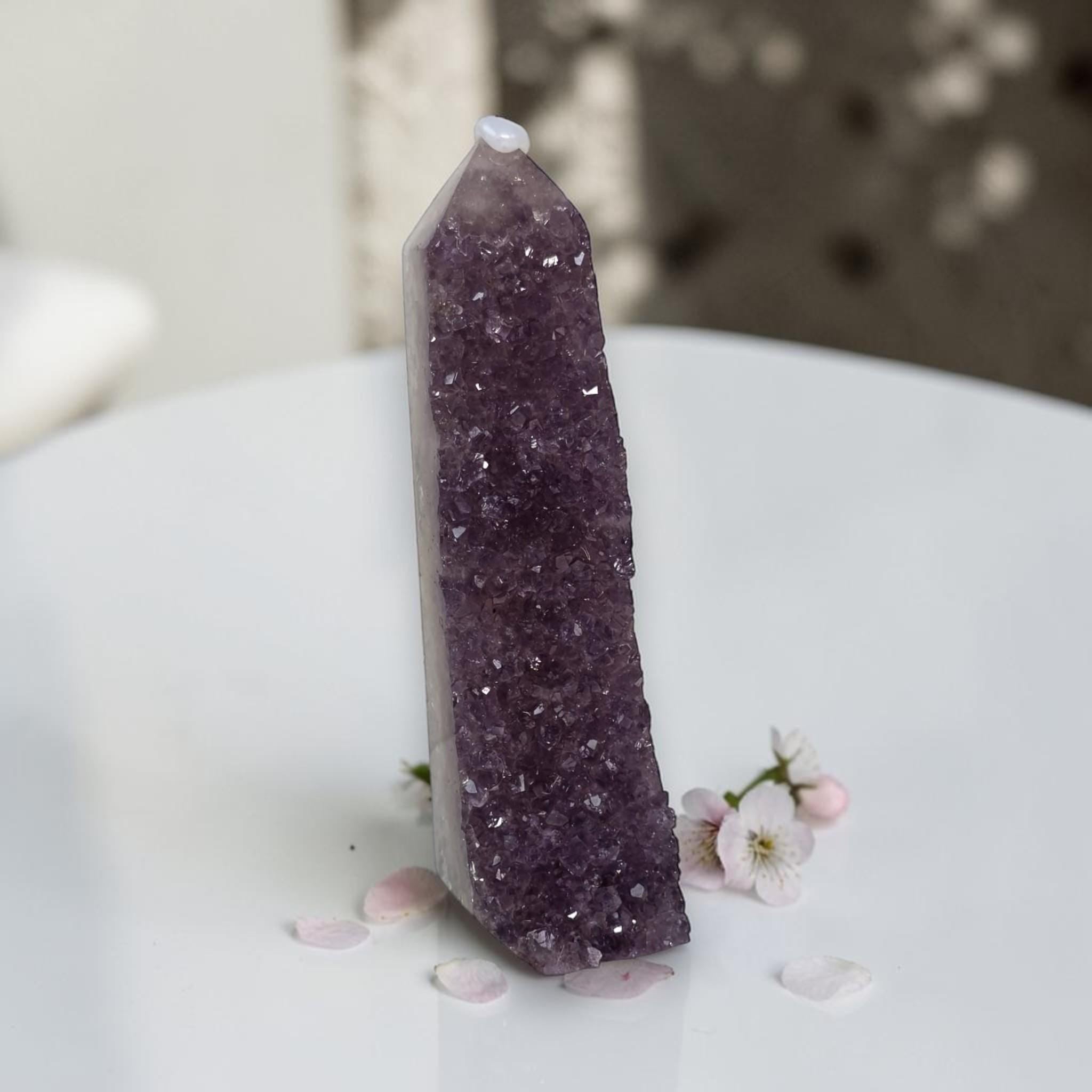 Amethyst drusy crystal tower, upright purple crystal cluster with clear quartz cap